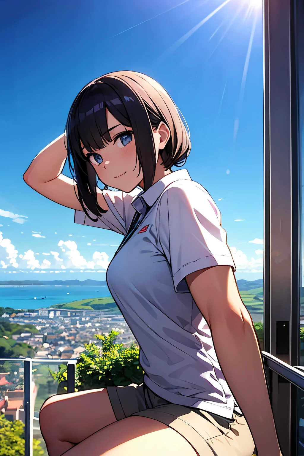 Girl taking a selfie at the observation deck on top of the mountain、You can see the sea and town in the distance