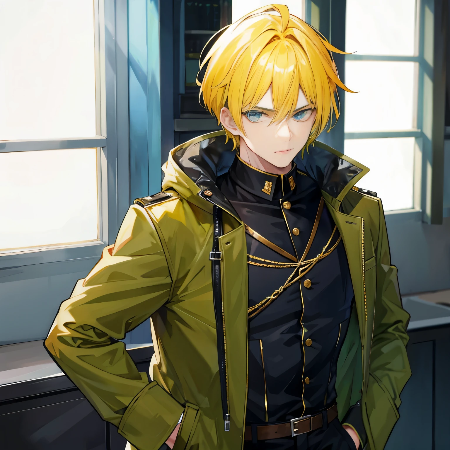 A man,Handsome,Spiky Yellow Hair, Millitary Base,Sateen,Millitary coat large,Put your hands in your pockets