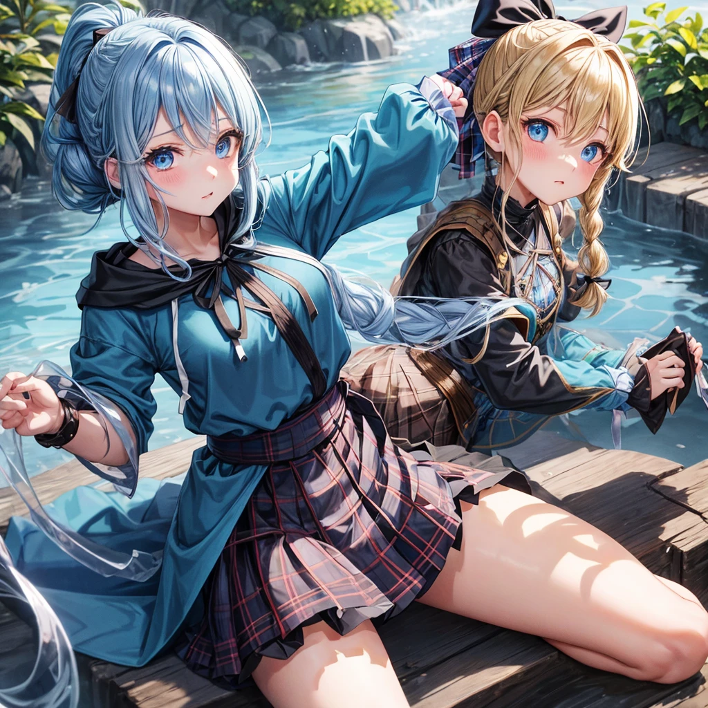 patina hair、blue eyes、Braid、ponytail、one good looking girl、solo、anime、Plaid miniskirt、camisole、black t-shirt、Tilting your face、Doing the ribbon、Ribbon at waist、Raising legs、cloak、the ground is cracked、Crystal Grotto、wearing a hood、look back、bullet