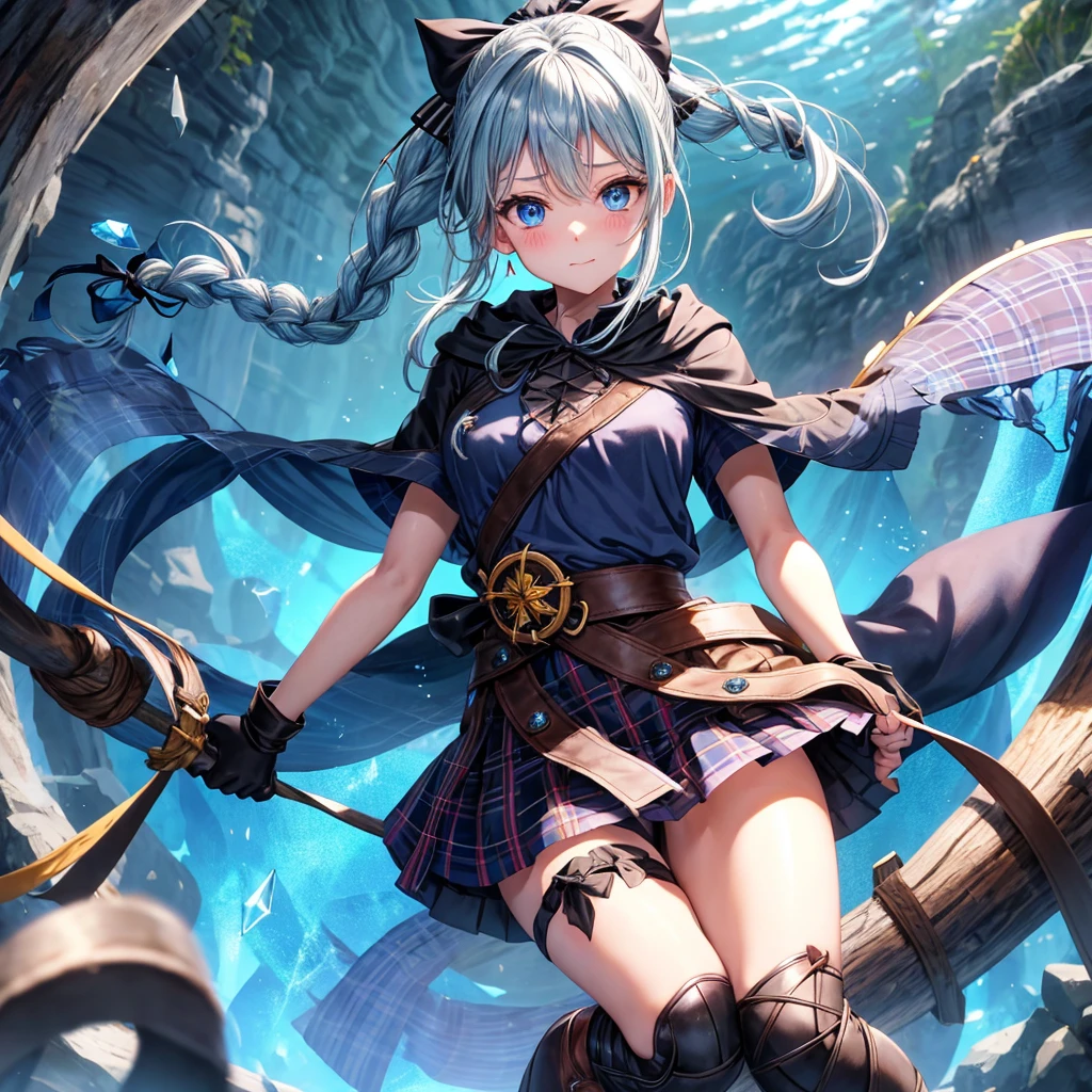 patina hair、blue eyes、Braid、ponytail、one good looking girl、solo、anime、Plaid miniskirt、camisole、black t-shirt、Tilting your face、Doing the ribbon、Ribbon at waist、Raising legs、cloak、the ground is cracked、Crystal Grotto、wearing a hood、look back、bullet