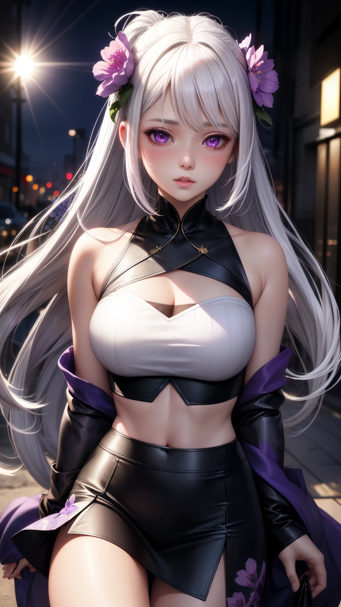 realistic, 1girl, white hair, purple eyes, glowing eyes, crop top, underboobs, skirt, parted lips, blush, night, sun, sunlight