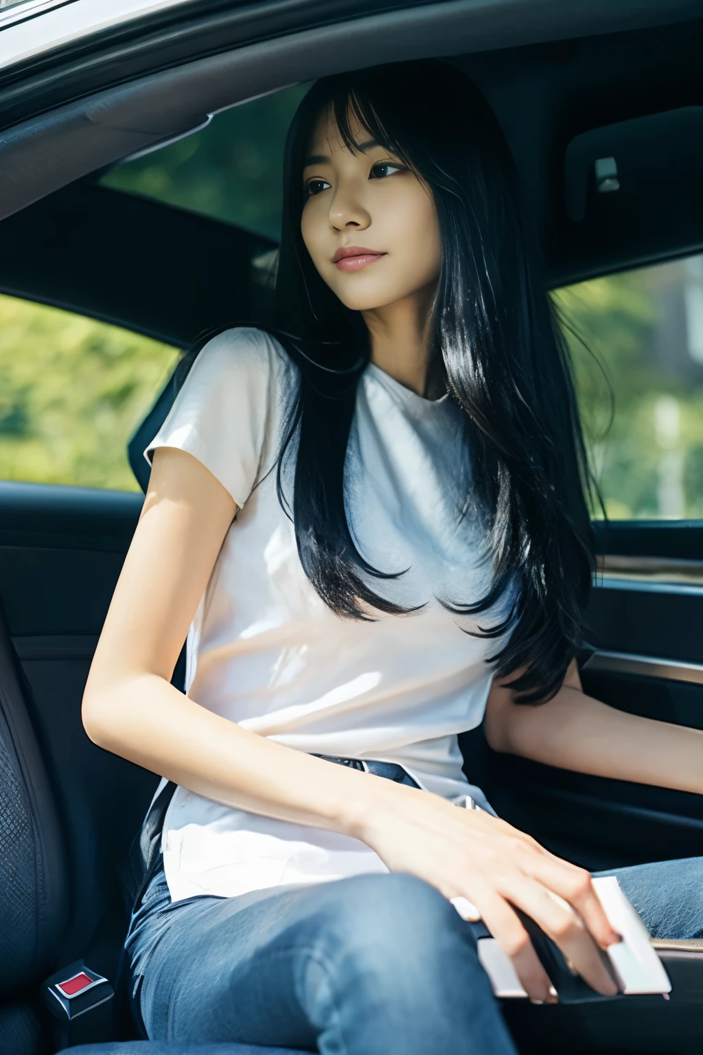 Detailed details、super skinny jeans、silk camisole、inside the car、sitting、long black hair、Japanese beautiful girl