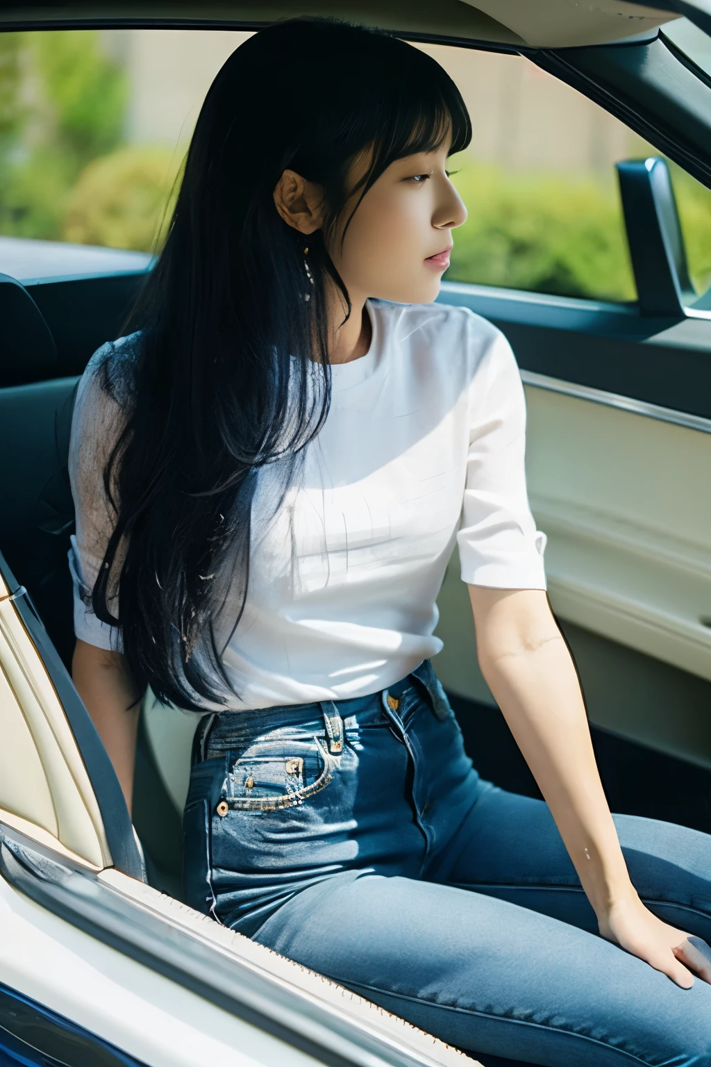 Detailed details、super skinny jeans、silk camisole、inside the car、sitting、long black hair、Japanese beautiful girl
