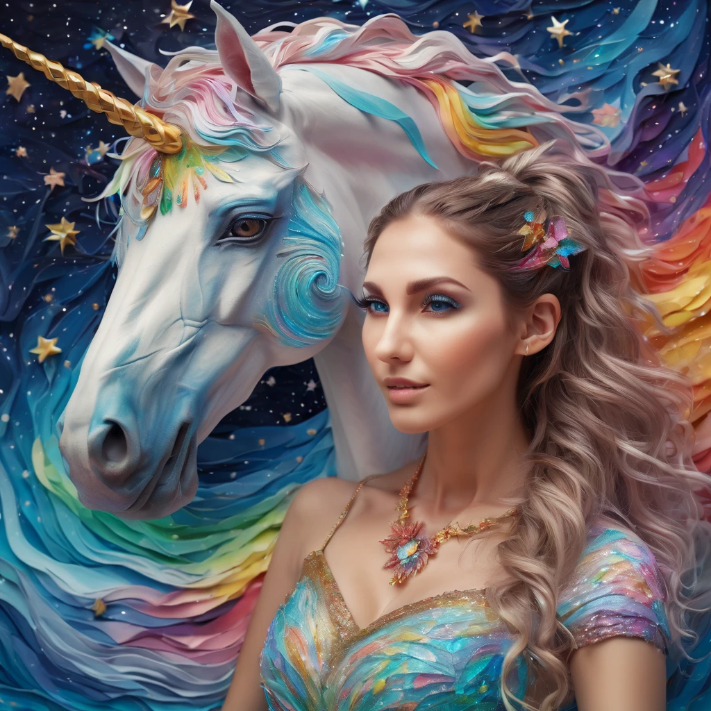 ((Marija face)). stunning elf woman and her unicorn,(best quality,4k,highres:1.2),ultra-detailed,photorealistic,fine brushstrokes,colorful palette:norainbow,studio lighting,imaginative unicorn,curly wavy rainbow,beautifully decorated ponytail,sparkling eyes:2.2,flowing mane and tail,bright vibrant colors,playful and joyful expression,ethereal and whimsical atmosphere,celestial and dreamy background,elaborate and intricate zentangle patterns,paper-like texture,crisp folds and creases on origami figures,kinetic and dynamic 3D elements,illusion of movement and depth,mythical creatures and enchanting landscapes,magical lights and sparkles,explosions of vivid colors and celestial bodies,flowing and swirling starry sky,van Gogh's signature thick impasto strokes,starry night swirls and swirls of paint,harmonious fusion of realism and fantasy,dream-like and surreal composition,emphasized brushwork and visible texture.