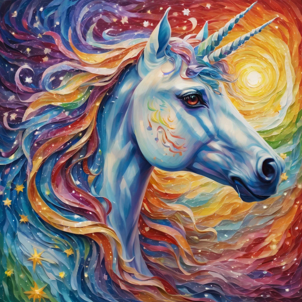 ((Marija face)). stunning elf woman and her unicorn,(best quality,4k,highres:1.2),ultra-detailed,photorealistic,fine brushstrokes,colorful palette:norainbow,studio lighting,imaginative unicorn,curly wavy rainbow,beautifully decorated ponytail,sparkling eyes:2.2,flowing mane and tail,bright vibrant colors,playful and joyful expression,ethereal and whimsical atmosphere,celestial and dreamy background,elaborate and intricate zentangle patterns,paper-like texture,crisp folds and creases on origami figures,kinetic and dynamic 3D elements,illusion of movement and depth,mythical creatures and enchanting landscapes,magical lights and sparkles,explosions of vivid colors and celestial bodies,flowing and swirling starry sky,van Gogh's signature thick impasto strokes,starry night swirls and swirls of paint,harmonious fusion of realism and fantasy,dream-like and surreal composition,emphasized brushwork and visible texture.