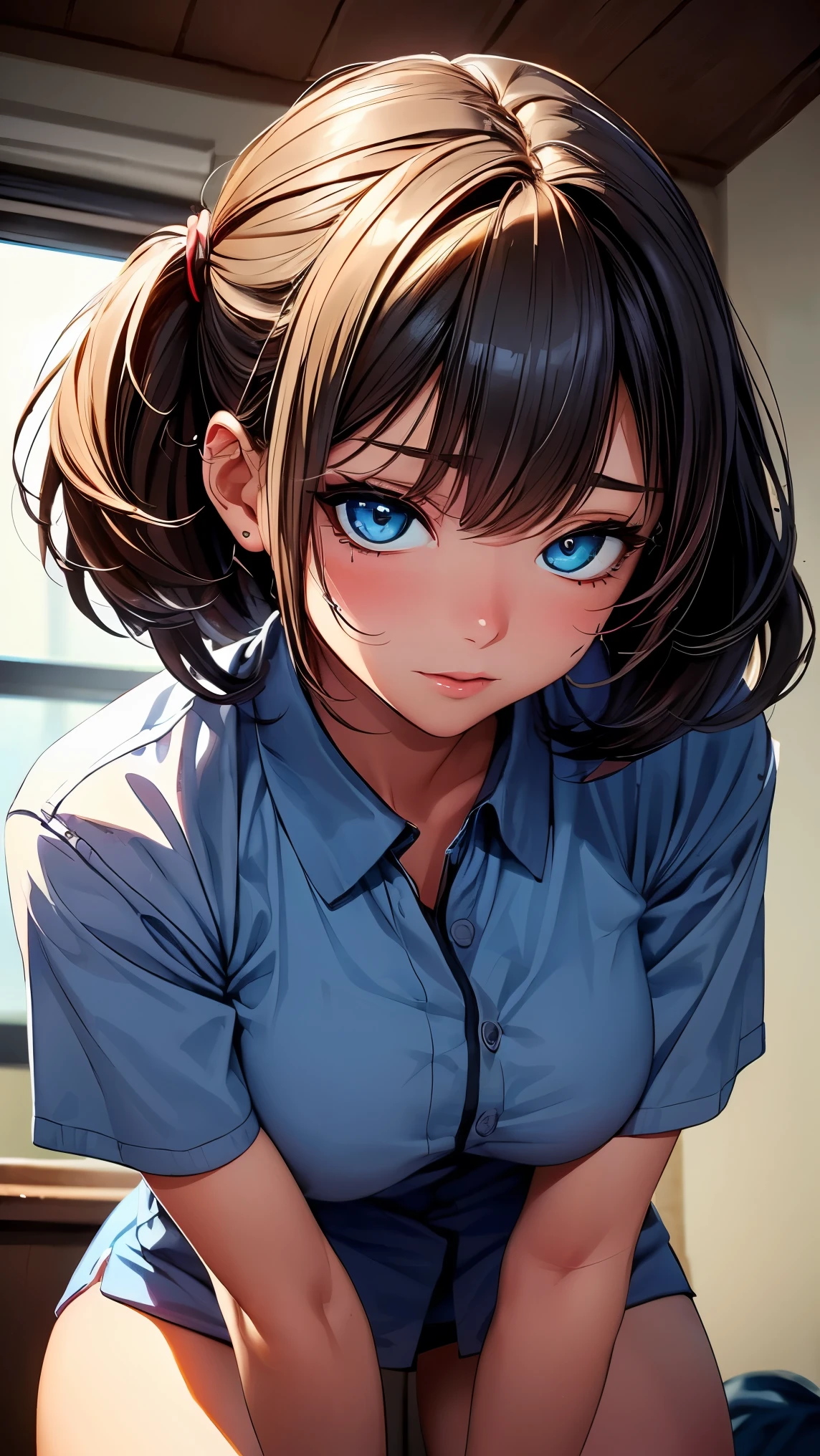 NSFW, (8K, RAW photo, 最high quality, masterpiece:1.2), High-definition RAW color photo, Professional photo shoot, cinematic light, alone, (((young woman, gal))), (Sharp features), (small face), (high detail skin:1.2), clavicle, cute face, beautiful appearance, long eyelashes, (rainbow hair, blue eyes), beautiful breasts, (slim body shape:1.4), very detailed顔と肌の質感, fine eyes, double eyelid, look sideways, (cheeks of whole face)、(Ahegao)、(big breasts)、(perverted slut nurse), A nurse with extremely soft breasts gives you the most comfortable titty fuck, Abstinence, non-stop sweat！tide！love juice！First sexual intercourse covered in bodily fluids, With  dirty talk and whole body licking and sucking massage, she will  until your balls are dry., beautiful skin, shiny skin, perfect fingers, five fingers, anatomically correct, background bokeh, high quality, surreal, bright colors, ((very detailed, photo shoot)),