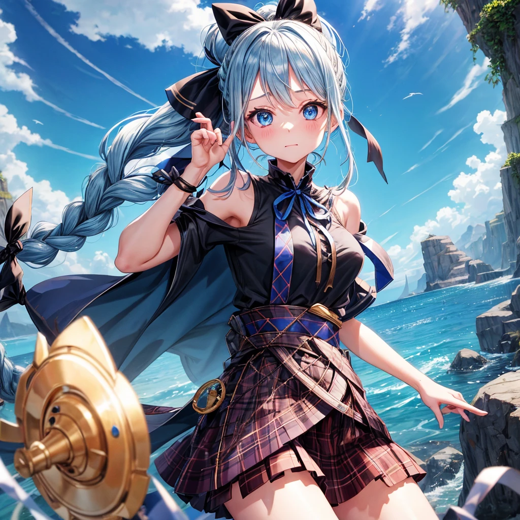 patina hair、blue eyes、Braid、ponytail、one good looking girl、solo、anime、Plaid miniskirt、camisole、black t-shirt、Tilting your face、Doing the ribbon、Ribbon at waist、Raising legs、cloak、the ground is cracked、Crystal Grotto、wearing a hood、look back、bullet