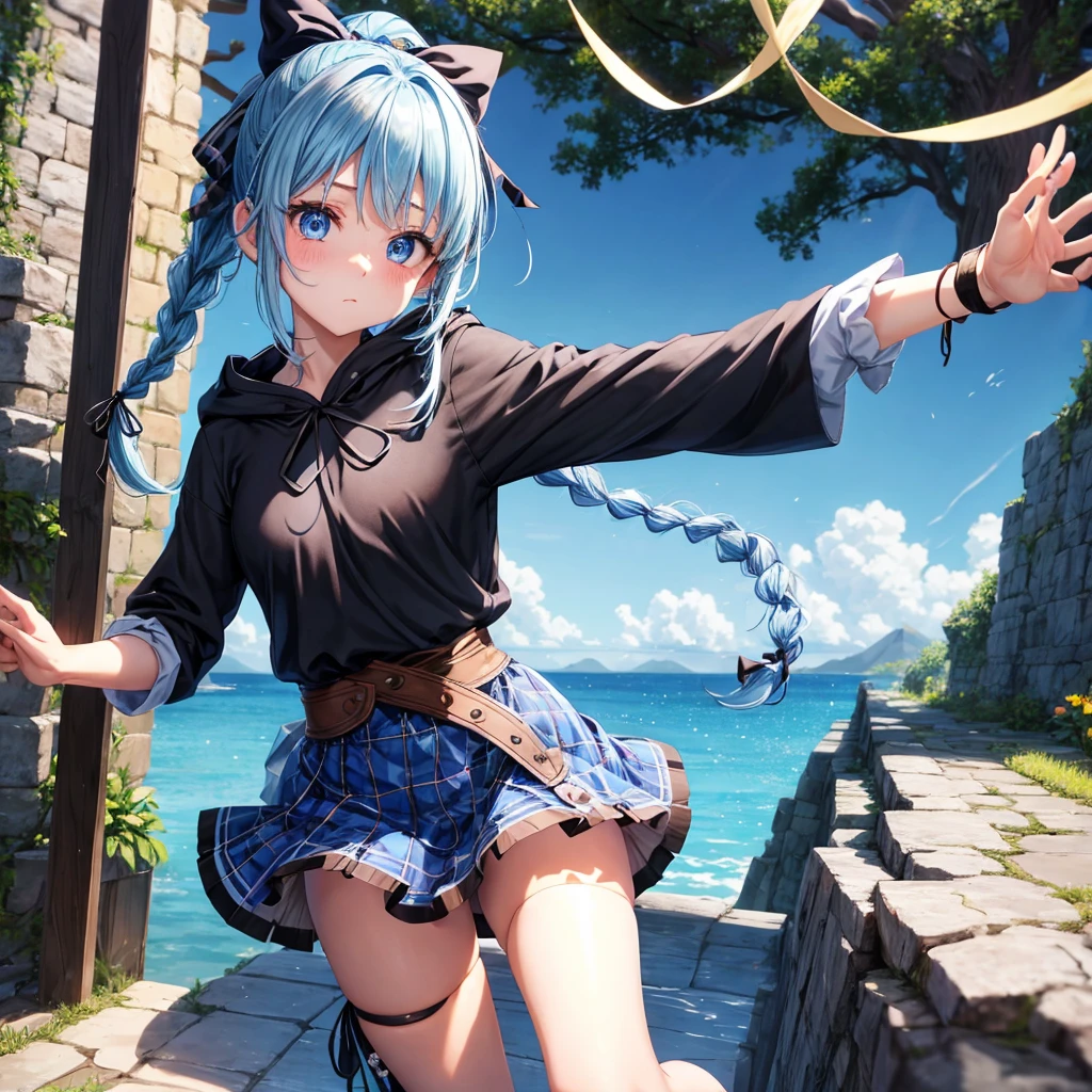 patina hair、blue eyes、Braid、ponytail、one good looking girl、solo、anime、Plaid miniskirt、camisole、black t-shirt、Tilting your face、Doing the ribbon、Ribbon at waist、Raising legs、cloak、the ground is cracked、Crystal Grotto、wearing a hood、look back、bullet