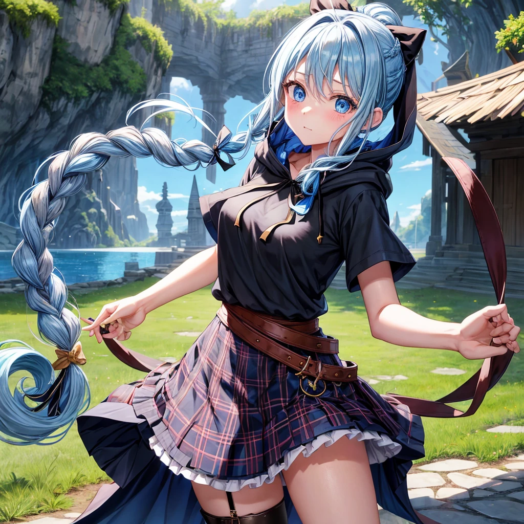 patina hair、blue eyes、Braid、ponytail、one good looking girl、solo、anime、Plaid miniskirt、camisole、black t-shirt、Tilting your face、Doing the ribbon、Ribbon at waist、Raising legs、cloak、the ground is cracked、Crystal Grotto、wearing a hood、look back、bullet