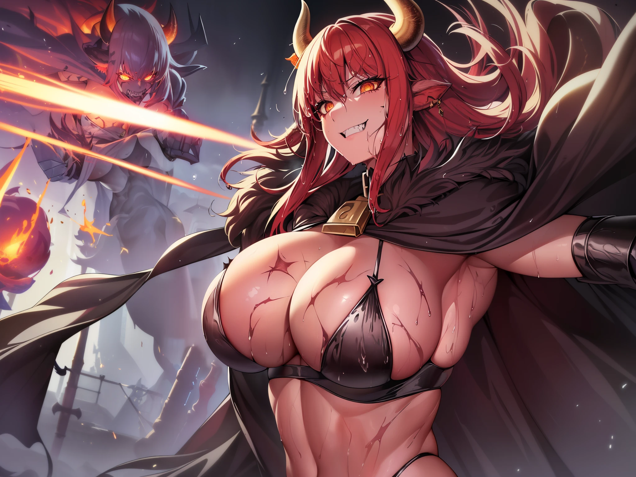incredible resolution、muste piece++,highest quality++,super definition++, super definition++,4K++,8K++,(background focus)++, extremely detailed, Viewer's perspective、((hell))++、((Brown-skinned))++, ((One Cow Demon King in a Battle Stance)), ((((Combat-mad Cow Demon Lord)))++++,(cow beastman)、(((Metal armor and cloak fur)))+++,(((Scars all over the body)))++++,(Fangs peek out of the mouth)、((Ferocious smile))+ +,((bloody)) ++,((Brown-skinned))++,(Thimble gloves) +,(sharp eyes)、(Red hair)、(Hair like a mane)、(short hair)、(super shiny hair and skin), (sunlight shines),((beauty)),(Big breasts that are about to burst_body: 1.5),(Big breasts that are about to burst:1.5), Muscular girl with clearly visible abs and muscles, sweaty body, There is a cleavage in the chest, Dynamism, (Abs cleansing and shaving, muscular muscular thighs) +, A lively smile, Perfect eyes, perfect hands, perfect nose, magic battle dark, bright atmosphere, (wet effect) +, (light effects), (cinematic light) + , (Like a movie of light) +