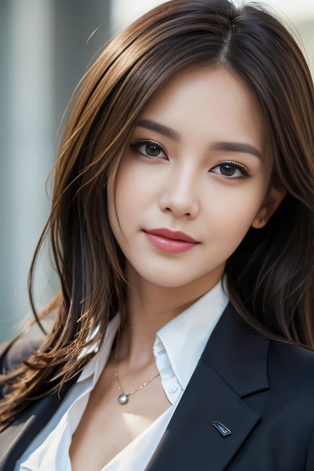 masterpiece, highest quality, realistic, Super detailed, attention to detail, High resolution, 8k wallpaper, one beautiful woman,, light brown messy hair, wearing a business suit, sharp focus, perfect dynamic composition, beautiful and detailed eyes, thin hair, Detailed realistic skin texture, smile, close-up portrait, model body shape