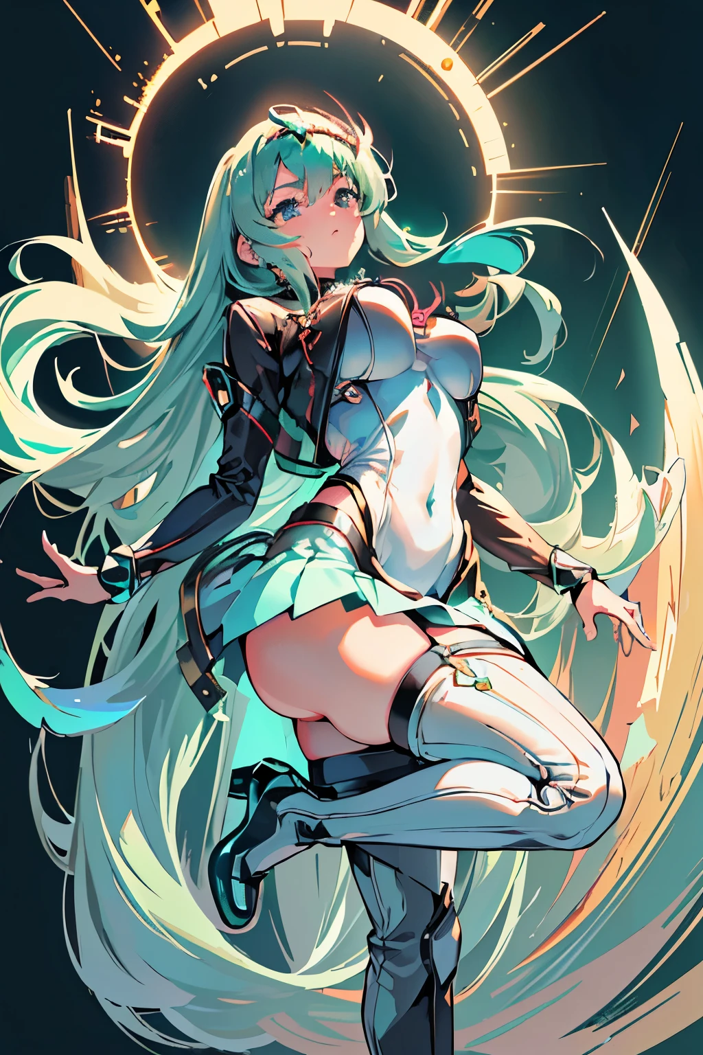 Anime, Girl, (((1girl))), (((Waifu, Xenoblade Chronicles 2, Pneuma Waifu))), (((Seafoam Green Hair, Long Hair))), ((Seafoam Green Eyes eyes:1.3, Upturned Eyes: 1, Perfect Eyes, Beautiful Detailed Eyes, Gradient eyes: 1, Finely Detailed Beautiful Eyes: 1, Symmetrical Eyes: 1, Big Highlight On Eyes: 1.2)), (((Lustrous Skin: 1.5, Bright Skin: 1.5, Skin Fair, Shiny Skin, Very Shiny Skin, Shiny Body, Plastic Glitter Skin, Exaggerated Shiny Skin, Illuminated Skin))), (Detailed Body, (Detailed Face)), Young, Idol Pose, (Best Quality), Techwear, (((Military Uniform))), (((Military Cap))), (((Military Coat))), (((Thigh-high Heeled Boots))), High Resolution, Sharp Focus, Ultra Detailed, Extremely Detailed, Extremely High Quality Artwork, (Realistic, Photorealistic: 1.37), 8k_Wallpaper, (Extremely Detailed CG 8k), (Very Fine 8K CG), ((Hyper Super Ultra Detailed Perfect Piece)), (((Flawlessmasterpiece))), Illustration, Vibrant Colors, (Intricate), High Contrast, Selective Lighting, Double Exposure, HDR (High Dynamic Range), Post-processing, Background Blur