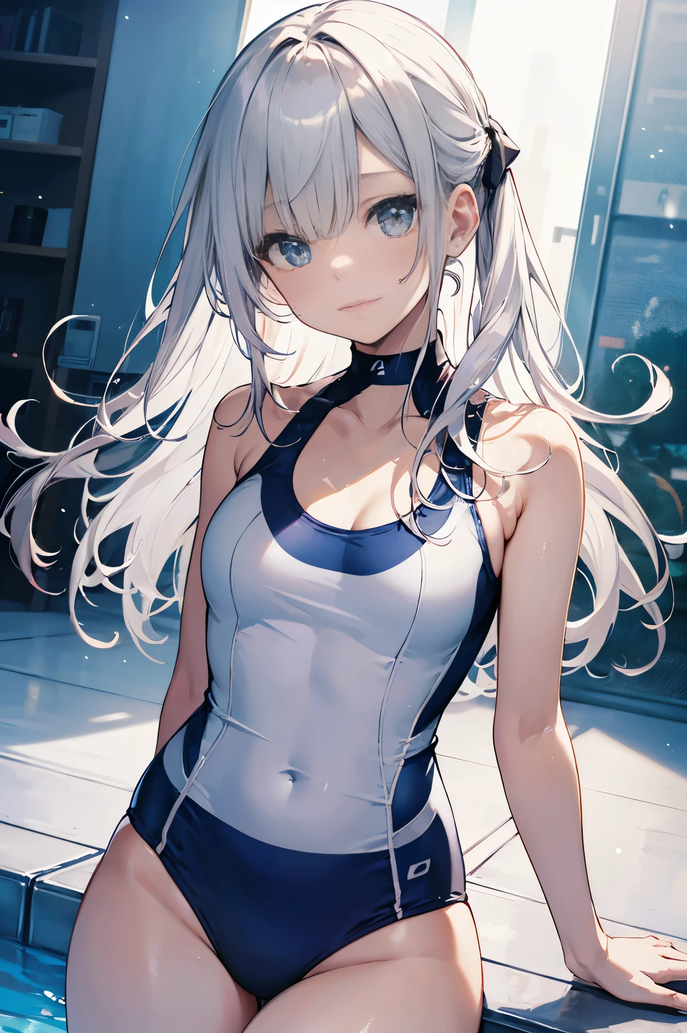 Silver-haired blue eyes、 girl、small breasts、twin tails、Nico Nico Smile、Looks about 、Petan Musume、school swimsuit、 girl、accessories、ear piercing、cute hair pin、hair ornaments、Gal-like、look of temptation、Cat ear、 girl、small in height