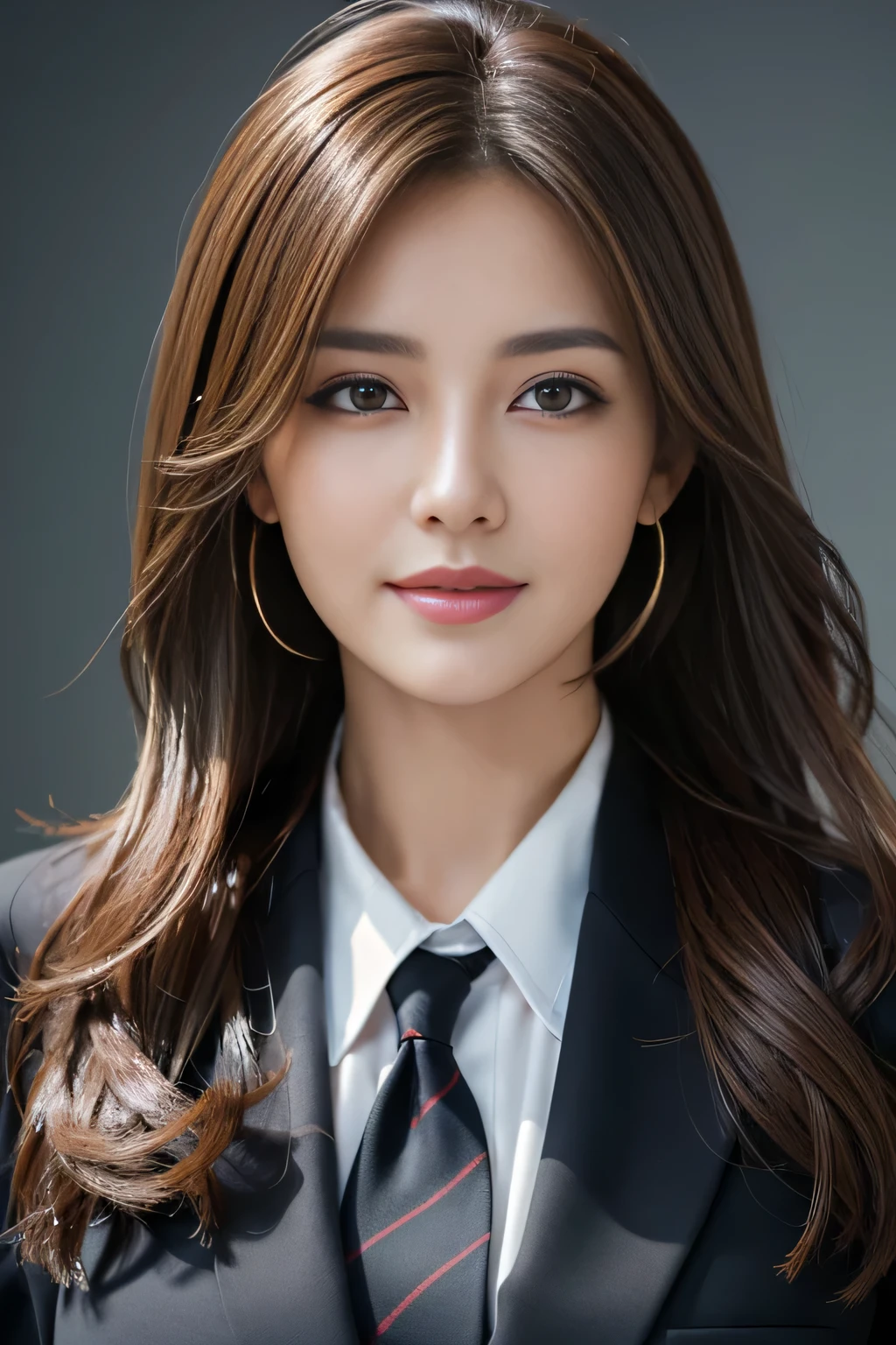 masterpiece, highest quality, realistic, Super detailed, attention to detail, High resolution, 8k wallpaper, one beautiful woman,, light brown messy hair, wearing a business suit, sharp focus, perfect dynamic composition, beautiful and detailed eyes, thin hair, Detailed realistic skin texture, smile, close-up portrait, model body shape