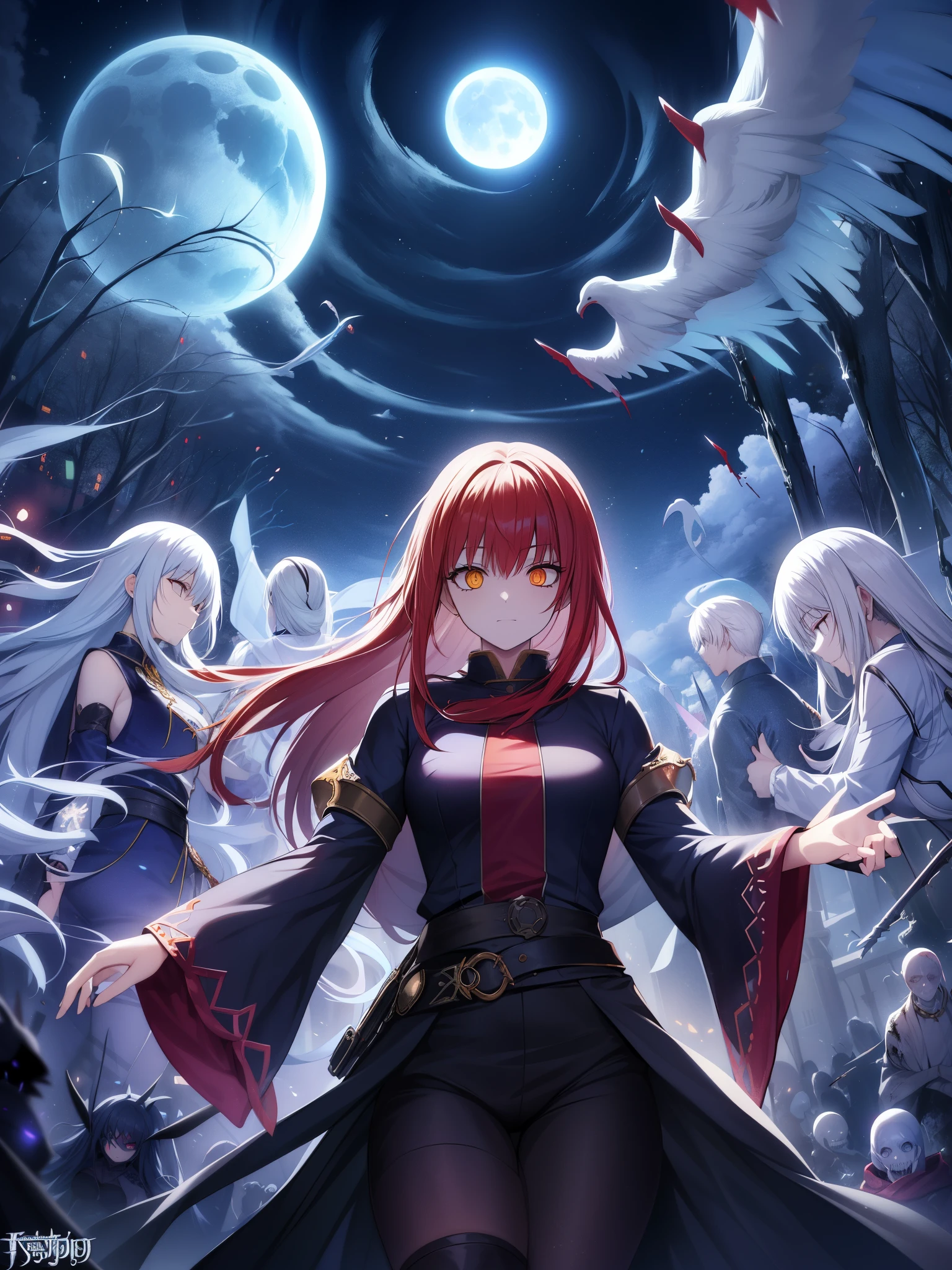 night中に, ((Flying ghost line drawing surrounded by undead and ghosts))++, night, Cloudy clouds, full moon, 背景に赤いfull moon, fantasy, 4K high-definition digital art, 8K high-quality detail art, In the style of Cyril Rolland, 詳細なfantasyデジタルアート, 壮大なfantasy SF イラスト, awesome wallpaper, Hordes of undead inspired by Gaston Bucière, The Apocalypse Brings, , Evil Magic Energy,