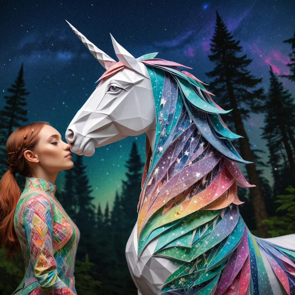 stunning "(elf:1.1),( woman:1.1)" and her "ponytailed (unicorn:1.2)", zentangle sky, origami forest, starry sky, sparkles in the sky, speed up, raimbow, fantasy, 3d crunch, cinematic, in the forest,