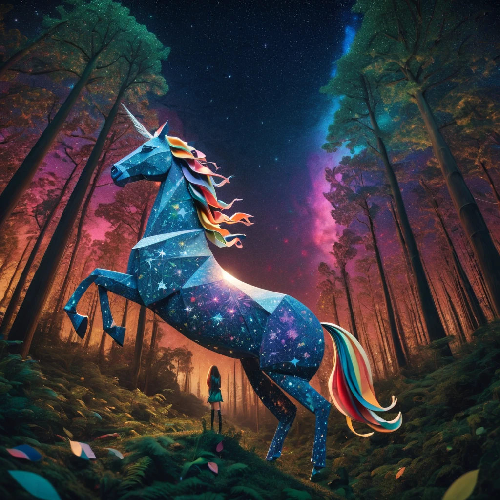 stunning "(elf:1.1),( woman:1.1)" and her "ponytailed (unicorn:1.2)", zentangle sky, origami forest, starry sky, sparkles in the sky, speed up, raimbow, fantasy, 3d crunch, cinematic, in the forest,