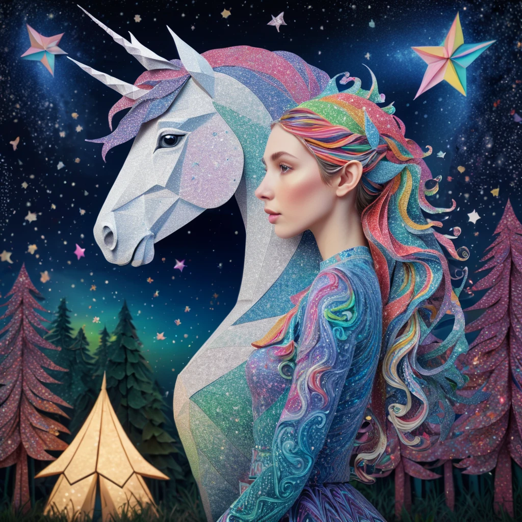 stunning "(elf:1.1),( woman:1.1)" and her "ponytailed (unicorn:1.2)", zentangle sky, origami forest, starry sky, sparkles in the sky, speed up, raimbow, fantasy, 3d crunch, cinematic, in the forest,
