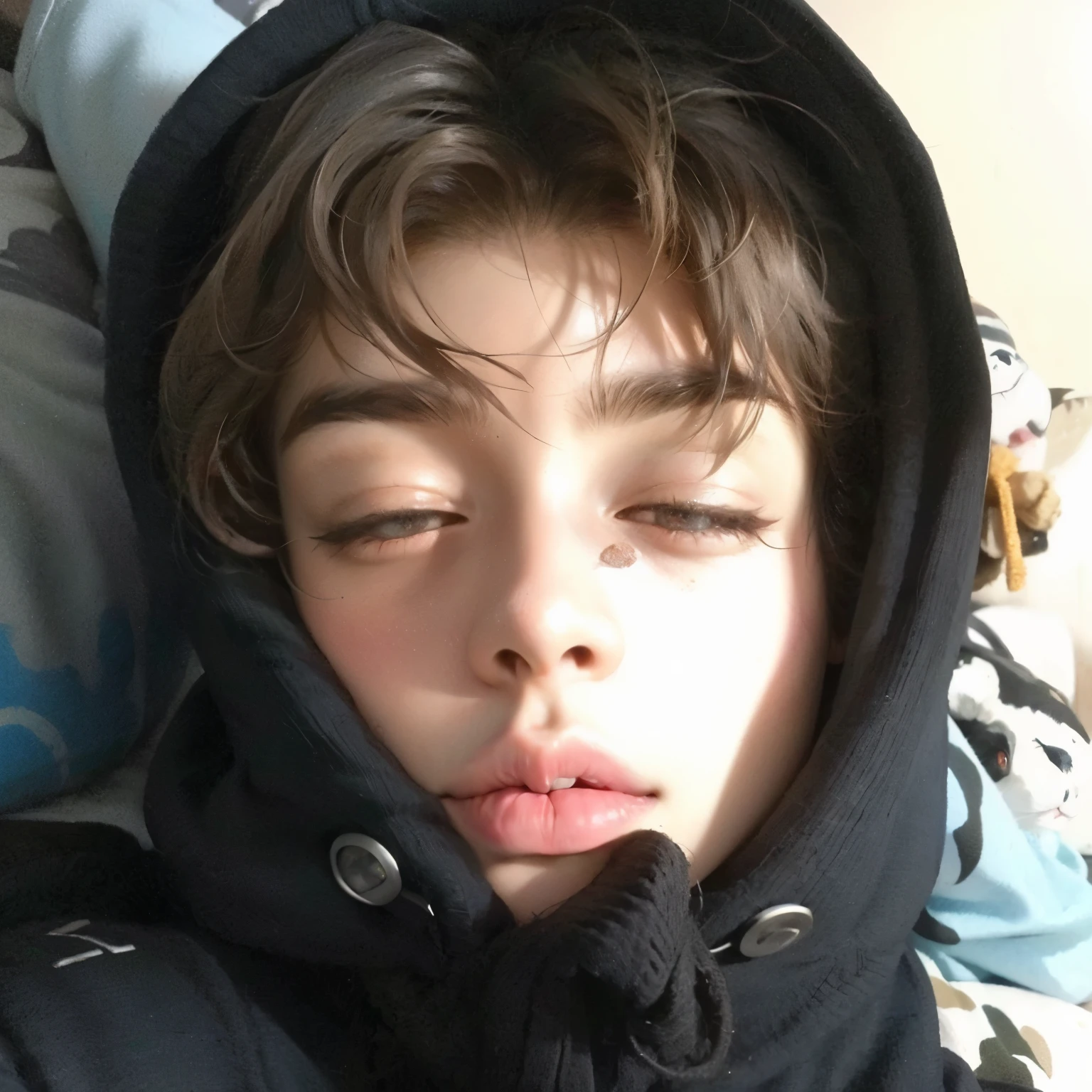 arafed boy con una sudadera con capucha negra sleeping on a bed, accurate Jimin face, Jimin\his right eyelid is swollen, cuchilla del grupo de drenaje, 1 7-year-old boy with a thin face, Jung Jaehyun, park Jimin, declan mckenna, Finn Wolfhard, con una sudadera con capucha negra, en una sudadera con capucha, sonrisa relajada en la cara