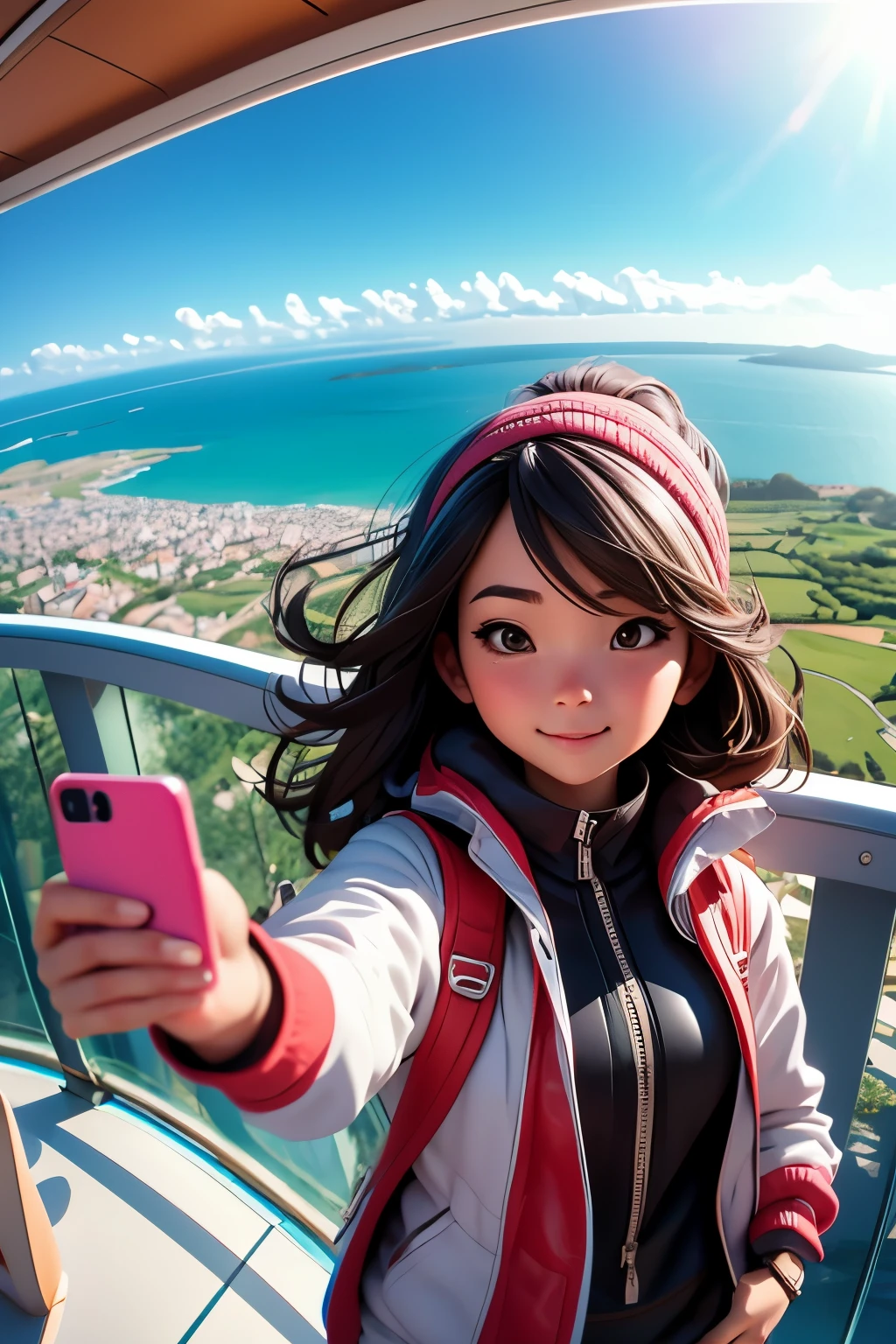 Girl taking a selfie at the observation deck on top of the mountain、You can see the sea and town in the distance