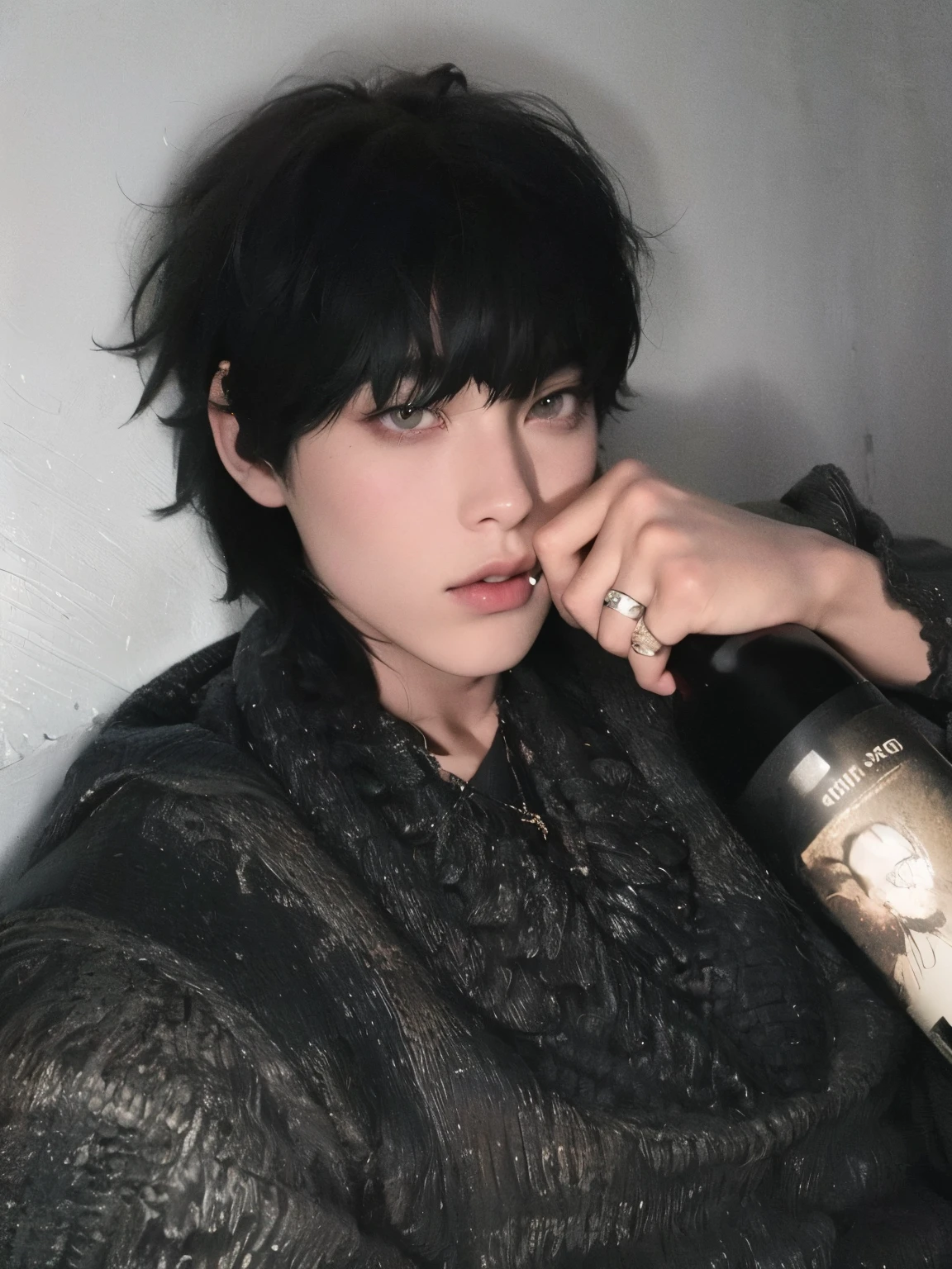 hay una mujer que esta bebiendo una botella de vino, sui ishida con pelo negro, pintar ulzzang, Con pelo corto, handsome japanese demon boy, she has black hair con flequillo, Jinyoung Shin, cai xukun, ulzzang, con flequillo, yoongi de pelo negro, shikami, con flequillo completo, jungkook, con pelo negro, imagen de perfil