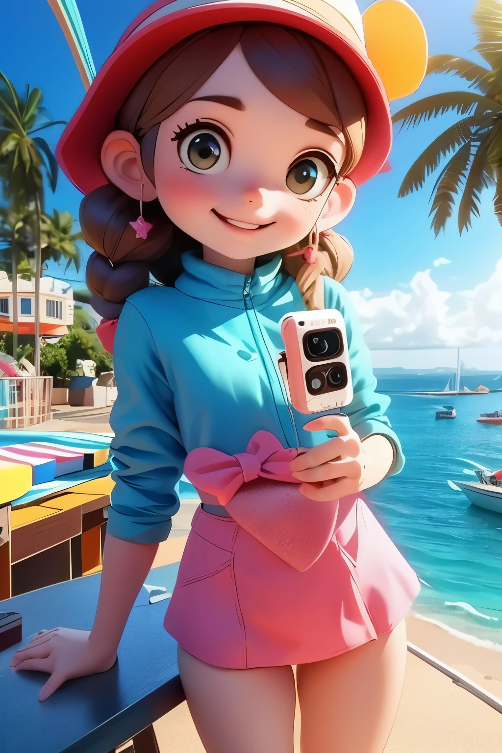 Girl taking a selfie at the observation deck on top of the mountain、You can see the sea and town in the distance