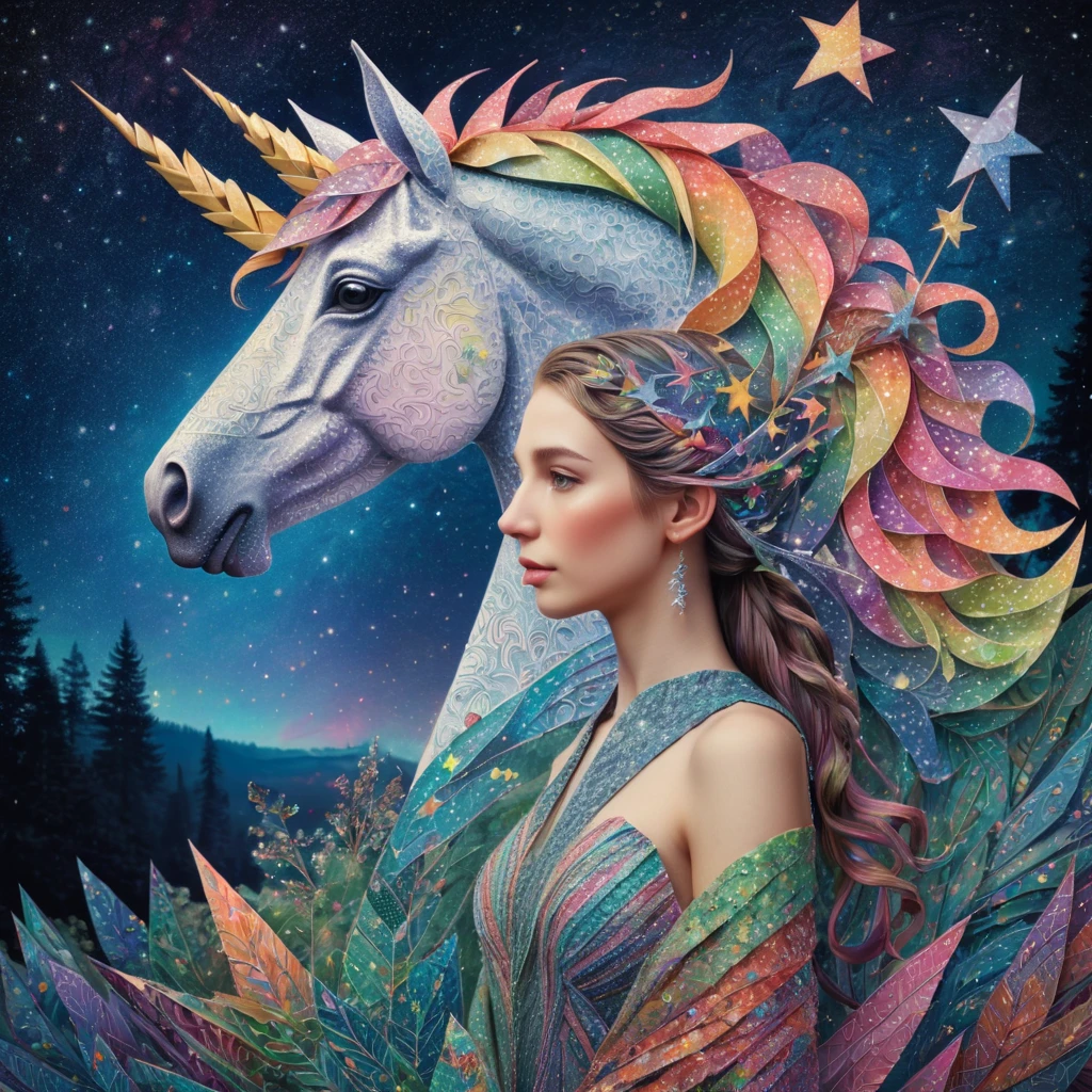 stunning "(elf:1.1),( woman:1.1)" and her "ponytailed (unicorn:1.2)", zentangle sky, origami forest, starry sky, sparkles in the sky, speed up, raimbow, fantasy, 3d crunch, cinematic, in the forest,