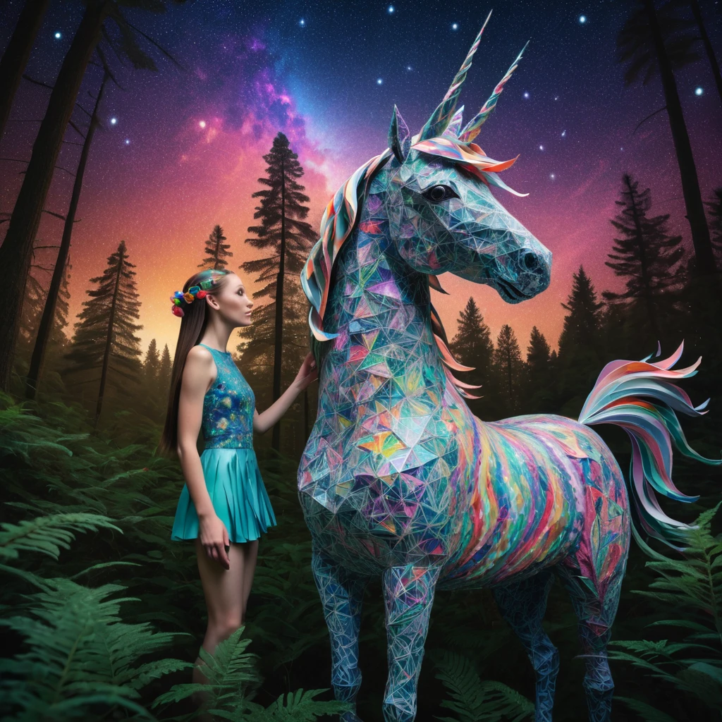 stunning "(elf:1.1),( woman:1.1)" and her "ponytailed (unicorn:1.2)", zentangle sky, origami forest, starry sky, sparkles in the sky, speed up, raimbow, fantasy, 3d crunch, cinematic, in the forest,