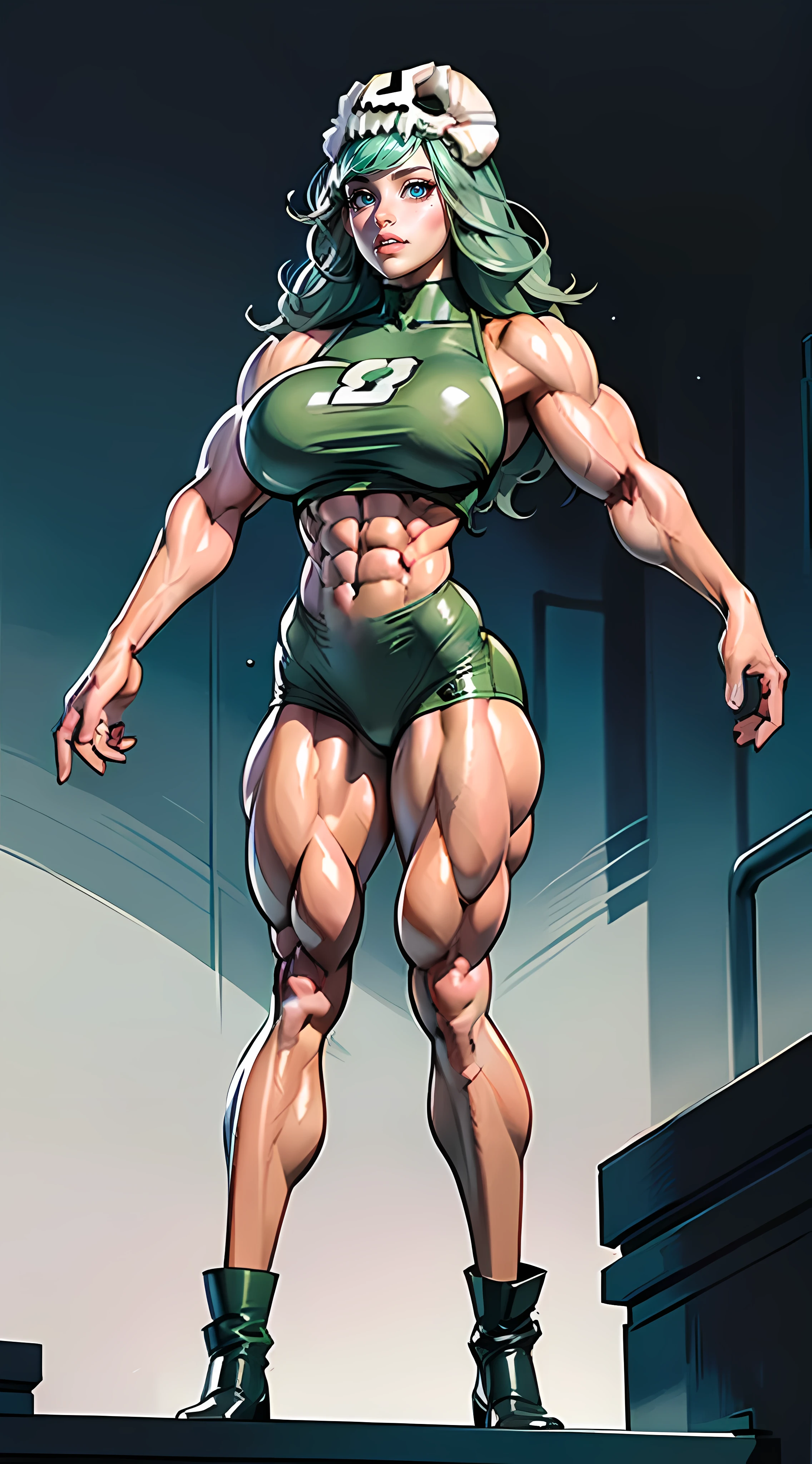 ((Masterpiece)), ((Best Quality)), ((Solo)), ((alone)), ((1girl)), odelschwanck, green hair,(skull),torn clothes, (underskirt), (puffy lips:1.4), (((accurate anatomy))), (((Huge breasts))), ((long legs)), ((wide hips)), ((((Muscular Legs)))), (((Massive Female Bodybuilder))), (((((Huge Muscles))))), design sheet, masterpiece, long hair, (slendered abs:1.2) ,detailed , shiny skin, beautiful lighting from below, harsh light