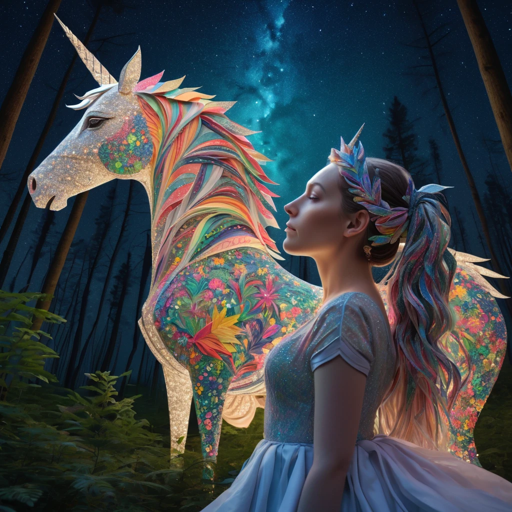 stunning "(elf:1.1),( woman:1.1)" and her "ponytailed (unicorn:1.2)", elf hears, zentangle sky, origami forest, starry sky, sparkles in the sky, speed up, raimbow, fantasy, 3d crunch, cinematic, in the forest,