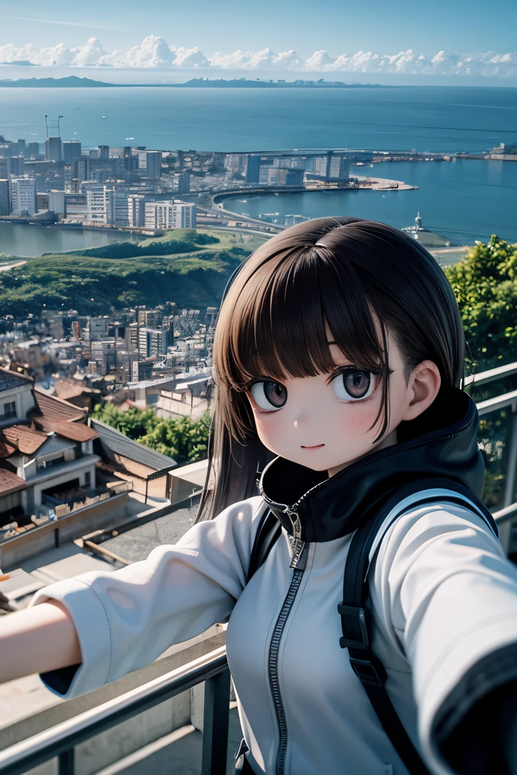 Girl taking a selfie at the observation deck on top of the mountain、You can see the sea and town in the distance