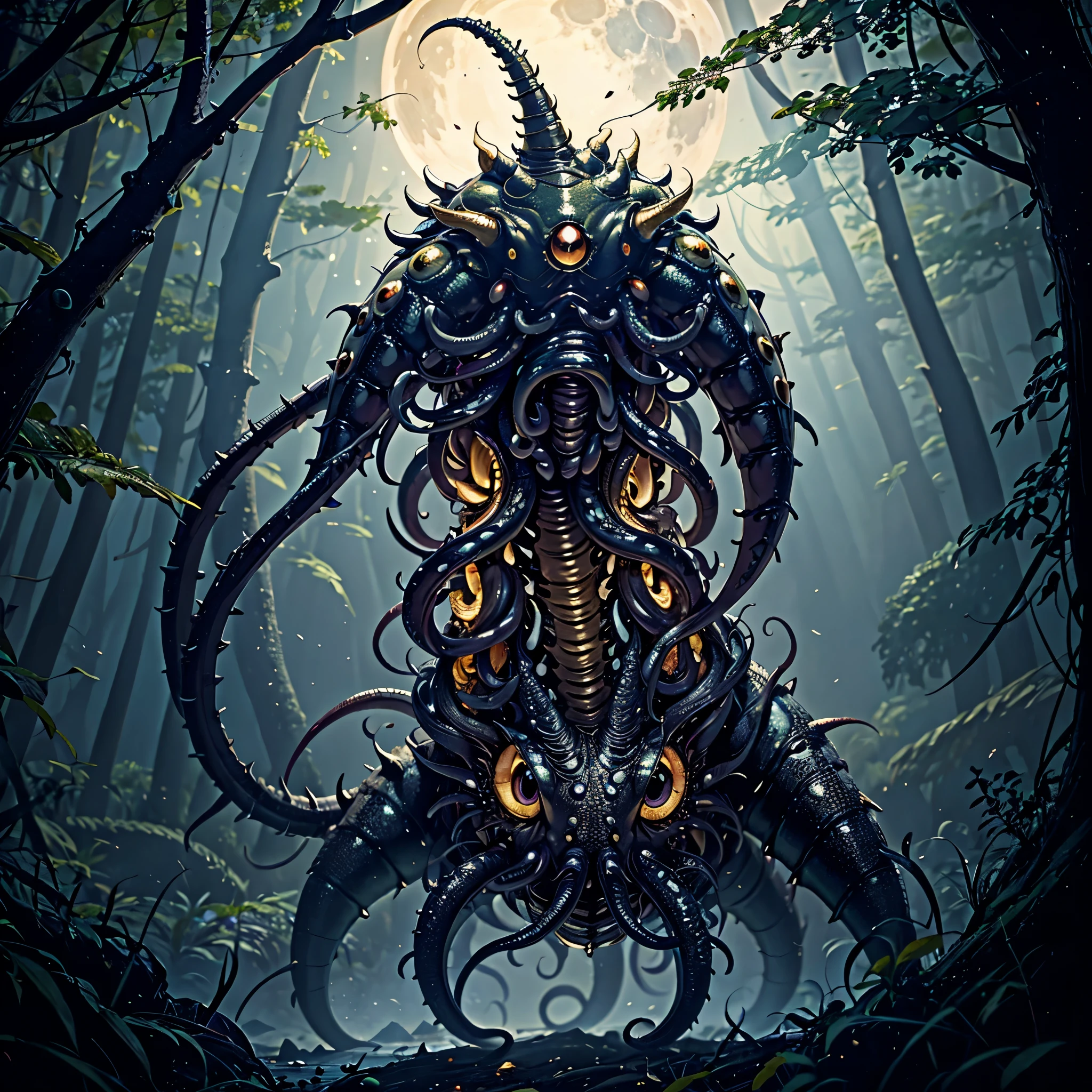An eldritch horror with many tentacles and many insect eyes crawls through the forest, it has a single golden unicorn horn protruding from its head, set in a moonlit swamp