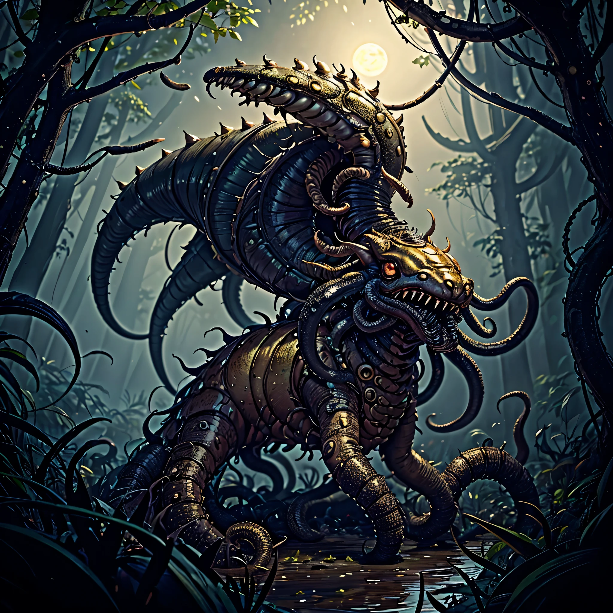 An eldritch horror with many tentacles and many insect eyes crawls through the forest, it has a single golden unicorn horn protruding from its head, set in a moonlit swamp