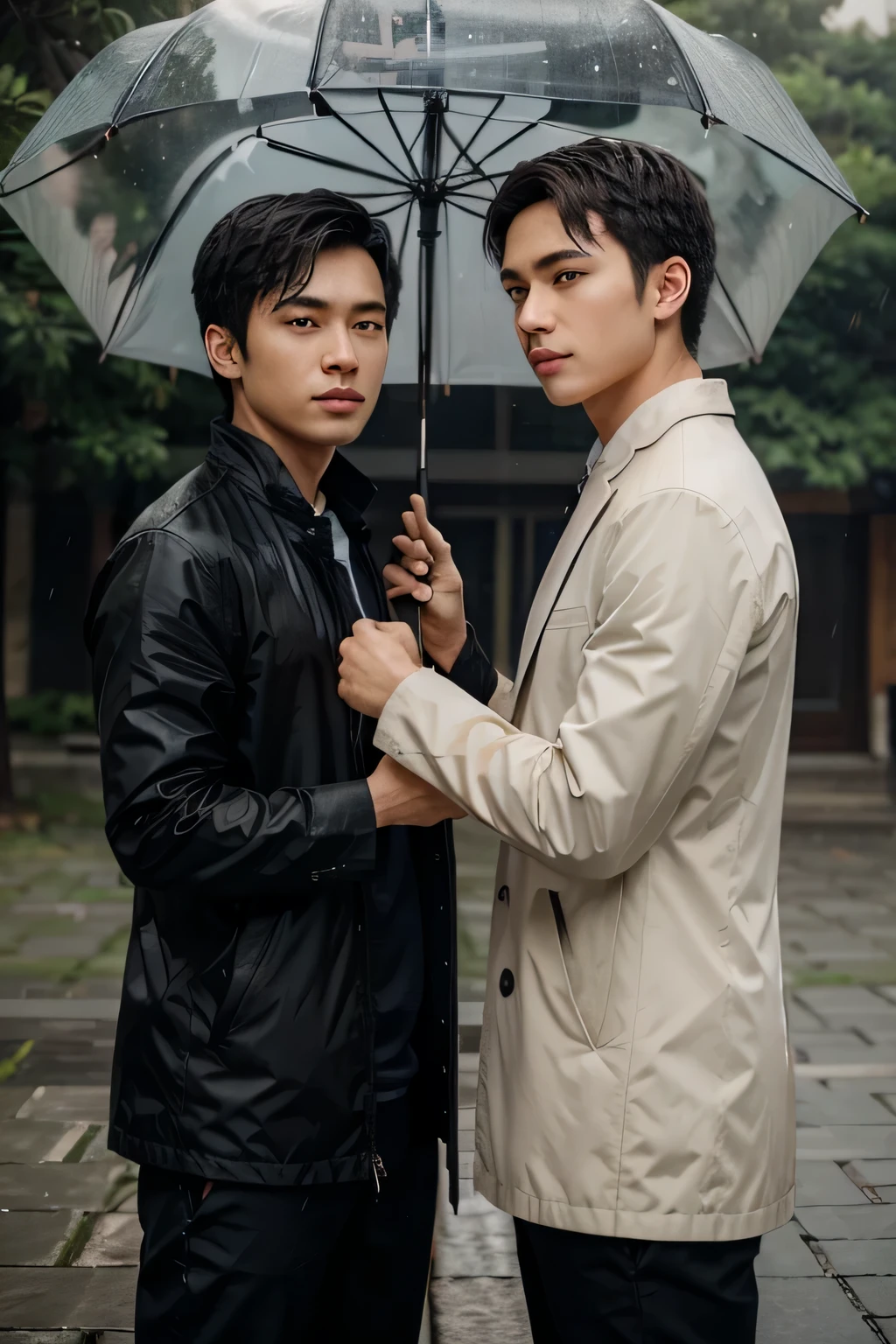 The protagonist is a young male，He and another male friend were holding umbrellas。storm，There is a deep friendship and gratitude between them。