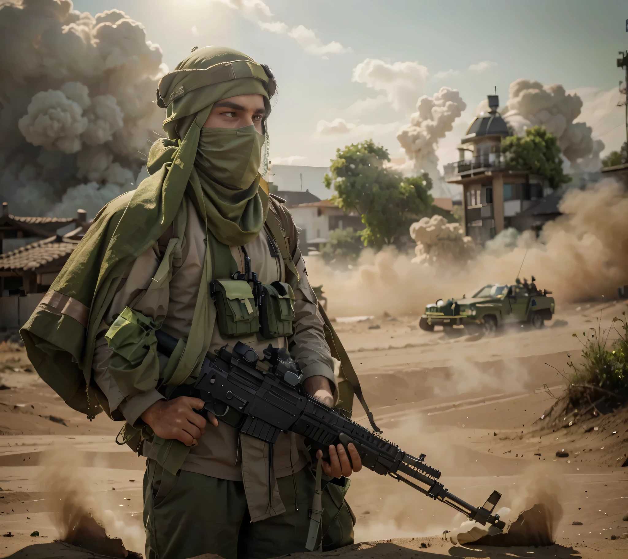 Soldado masculino, His head is covered by a green kufiya scarf., skin with green marks from chemical burns, beige military uniform with lime green details stained with chemical green, Sosteniendo un rifle de asalto, nube verde toxica, cielo verdoso, fire and a lot of green toxic smoke , 4k, ultra detallado image, Realista, muy detallado, perfect composition, gorgeous, Intrincadamente detallado, incredibly detailed, 8 k artistic photography, hiper detallado, obra maestra, ultra detallado, hyper Realista, 4k, ultra detallado image, Realista, muy detallado , perfect composition, hermoso, Intrincadamente detallado, incredibly detailed, 8K fine art photography, hiper detallado, obra maestra