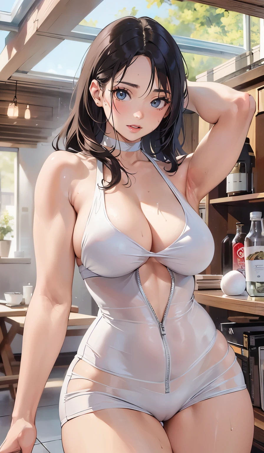 (best quality,4K,8k,high resolution,masterpiece:1.2),super detailed,(actual,realistically,realistically:1.37), Ultra high definition face, Close-up of a woman wearing a gray bikini top and, V-chest clothes, sexy girl, halter top, swimsuit, hot，sunny, Shanzhai Core!! fitness body, attractive body, Tik, large breasts, large , biggest breast, huge breast, Thin waist and thick hips, hourglass figure, wide pelvis, Pelvis larger than shoulder blades, fitness model, sweat, rosy cheeks