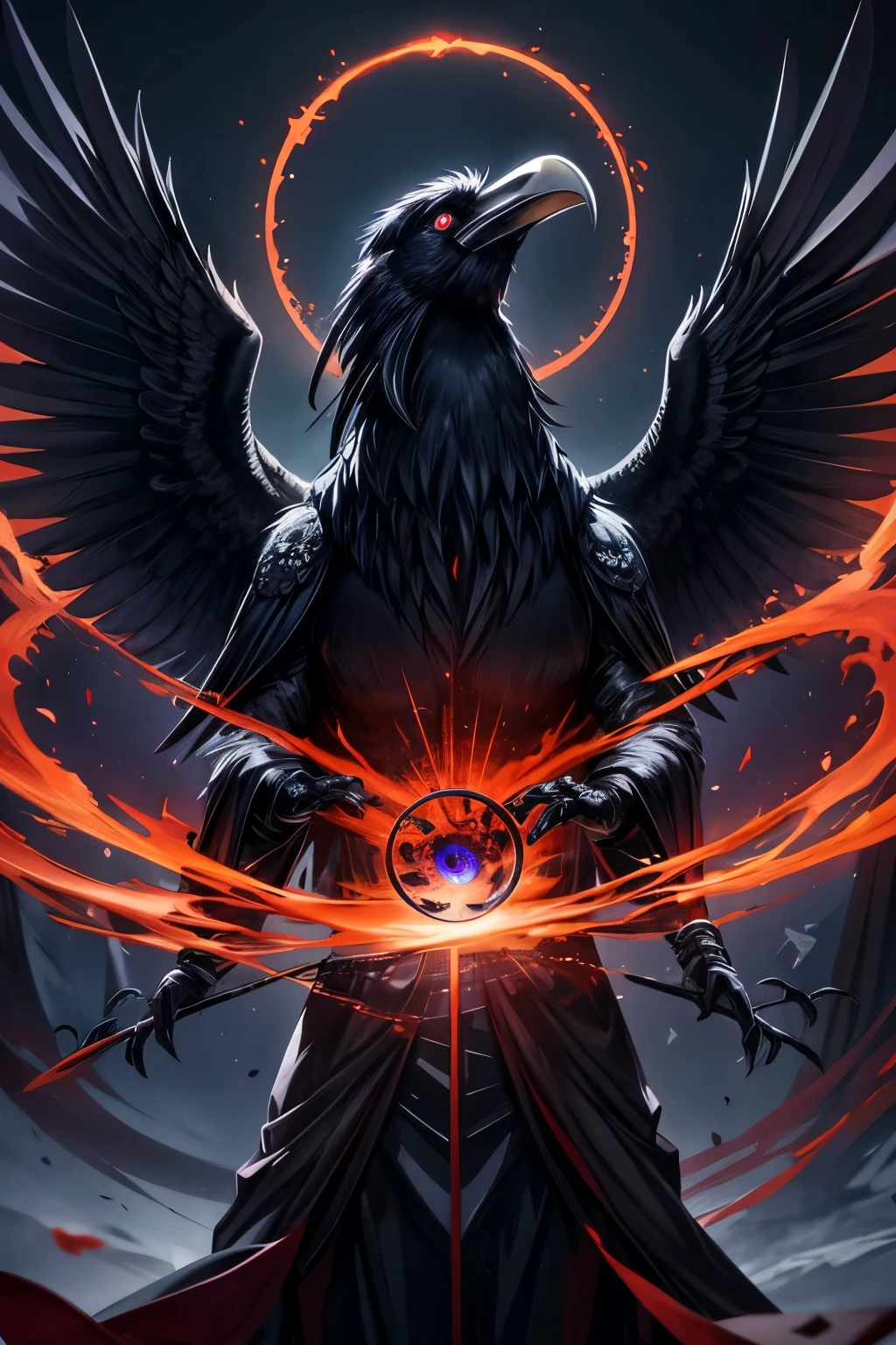 A majestic raven, its dark feathers shining a deep shade of black. His eyes, however, have a mesmerizing glow and a red spiral pattern, similar to the Sharingan from the Naruto series. These eyes give the raven an aura of mystery and power, as it observes the world around it with a piercing intensity.