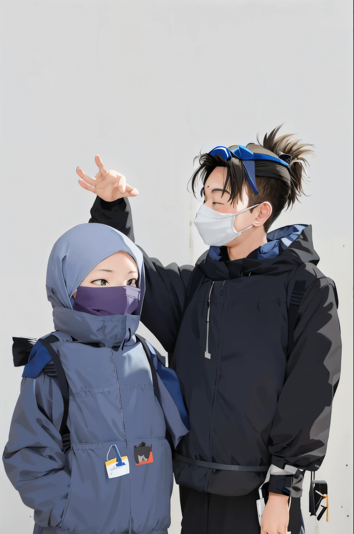 Boy and girl,a couple of people wearing masks standing next to each other, wearing mask, high quality, wearing facemask,  hijab, couple,face covered, surgical mask covering mouth, no mask, accurate depictioncold