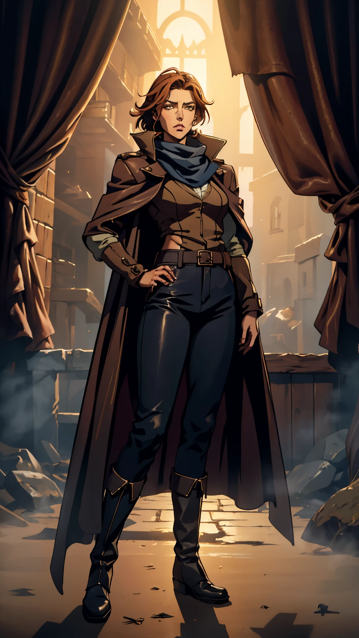 A woman with short reddish-brown hair, a determined gaze, her upper body is enveloped in a heavy cloak with leather accents, the cloak covers the lower half of her face, a tight-fitting long leather trench coat with ethnic-style details at the hem underneath, coarse fabric pants, sturdy knee-high leather boots, the background depicts a fantasy-style western town with swirling yellow sand, this character embodies a finely crafted fantasy western-style female shaman in anime style, exquisite and mature manga art style, high definition, best quality, highres, ultra-detailed, ultra-fine painting, extremely delicate, professional, anatomically correct, symmetrical face, extremely detailed eyes and face, high quality eyes, creativity, RAW photo, UHD, 8k, Natural light, cinematic lighting, masterpiece-anatomy-perfect, masterpiece:1.5