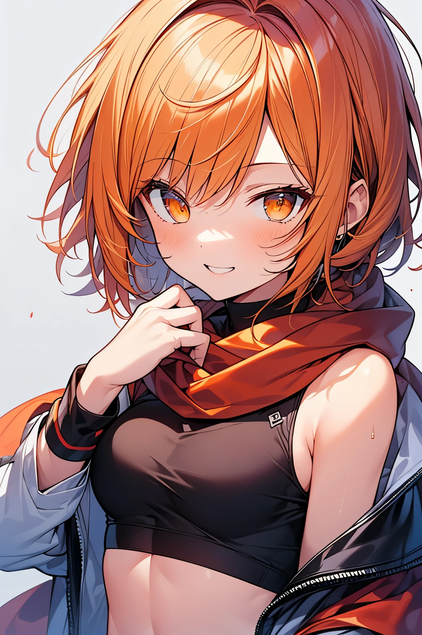 (Best Quality,8K,16k,high,masutepiece:1.4), (Ultra-detailed, ultra-detail, complexly detailed, finely detail, Hyper Detail REIT), Digital Enhancement, ultra-detailed digital anime art, ray tracing, Ultra-detailed, Perfect Pixel, pastel color, Beautiful anime girl, (upper body shot:1.4), (white background:1.4), Teenage girl, 1girl in, Single, Solo, small head, ultra-detailed face, Detailed eyes, small breasts, short hair, bob cut, (light orange hair:1.4), (orange eyes:1.3), (red long scarf:1.3), white jacket, tank top, hotpants, sneakers, fingerless gloves, seductive smile, midriff peek, cute,