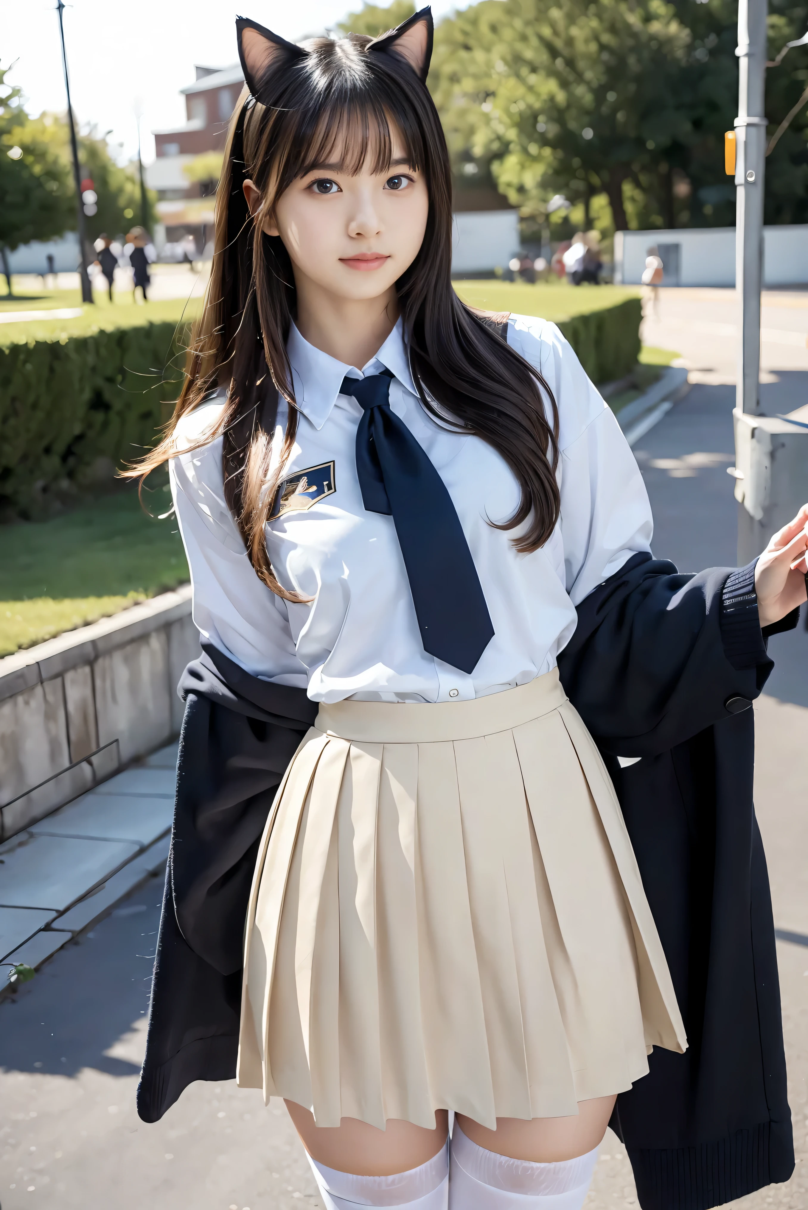 (Best Quality,4K,High resolution:1.2), Ultra-detailed, Realistic portrait, Best Quality, (outside japanese high school), (passionate scene),one very young looking high school girl, (intense emotion), (innocent look, marching band uniform), large round black rimmed glasses, stockings, cute face, standing, full body. perfect long legs, high waist mini pleated skirt, cat ears