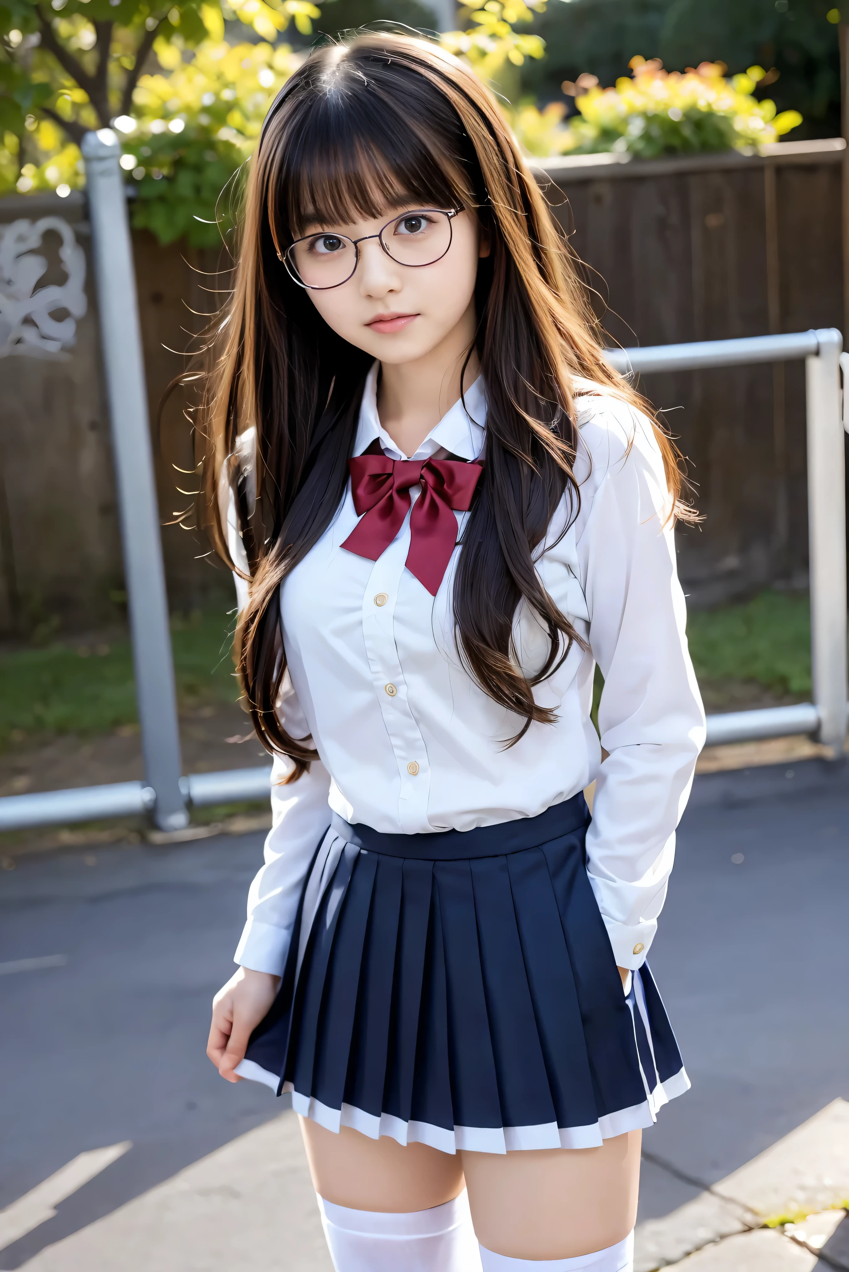 a closeup, ​masterpiece, top-quality, FULL ANATOMY、Raw foto, Photorealsitic, faces, unbelievable Ridiculous, beautiful a girl, cute little, shorth hair、depth of fields, hight resolution, ultra-detailliert, finely detail, ighly detailed, extremely detailed eye and face, Realistic pupils, foco nítido, Cinematic lighting、flat breast、tiny chest、small tits、(Petite bust:1.2)、Petite bust、 (Slimed、small tit、flat boobs、small tit)、 15 year old woman、Sexual facial expressions、sexy  pose、 Wet body、Blushing、Sweating、Very embarrassed look、yawns、The face is bright red、Schoolgirl Uniform、Panties are visible from the skirt、Very detailed 8k wallpaper、Sheer white shirt、Navy blue ribbon at the collar、Dark blue pleated micro mini、Show me your whole body、Plump string panties、((Lift the hem of the skirt、Lift the hem of the skirt with both hands、Lift the hem of the skirt yourself,、Show the camera your sexual panties))、is standing、‎Classroom、depth of fields、Bokeh in the background、Hairstyle with bangs,Black-rimmed glasses、overknee socks、Absolute area