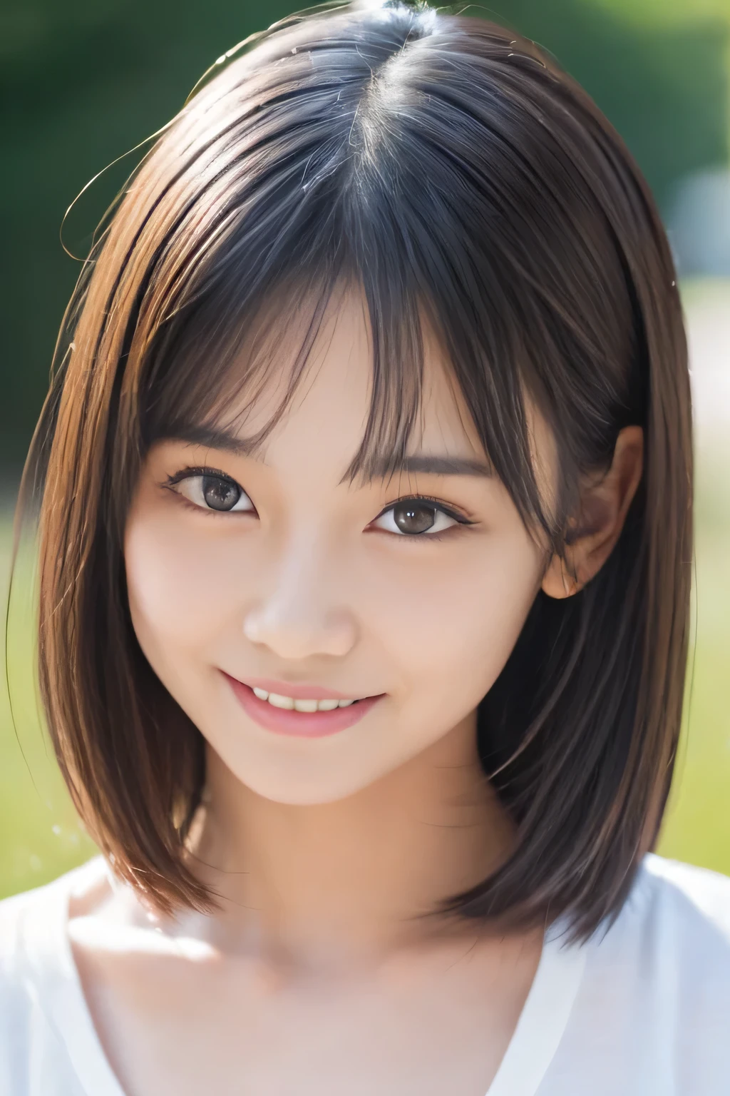 (8K, RAW photo, realistic: 1.25), (lip gloss, eyelash, shiny face, shiny skin, 最high quality, ultra high resolution, written boundary depth, chromatic aberration, caustics, wide lighting, natural shading, K-POP idol) Kind and happy like a goddess, squat, Look at the viewer with your whole body,13 years old、short hair,perfect limbs, perfect anatomy, (highly detailed face:1.5), (8K, NFSW, Digital single-lens reflex camera, high quality, Japanese young cute girl, Delicate appearance, big smile, super cute face , (tanned skin:1)、(((slim:1.4))),(かわいい13 years oldのタイ人と女性のハーフ編集者),full body figure, (huge big breasts:1.2)