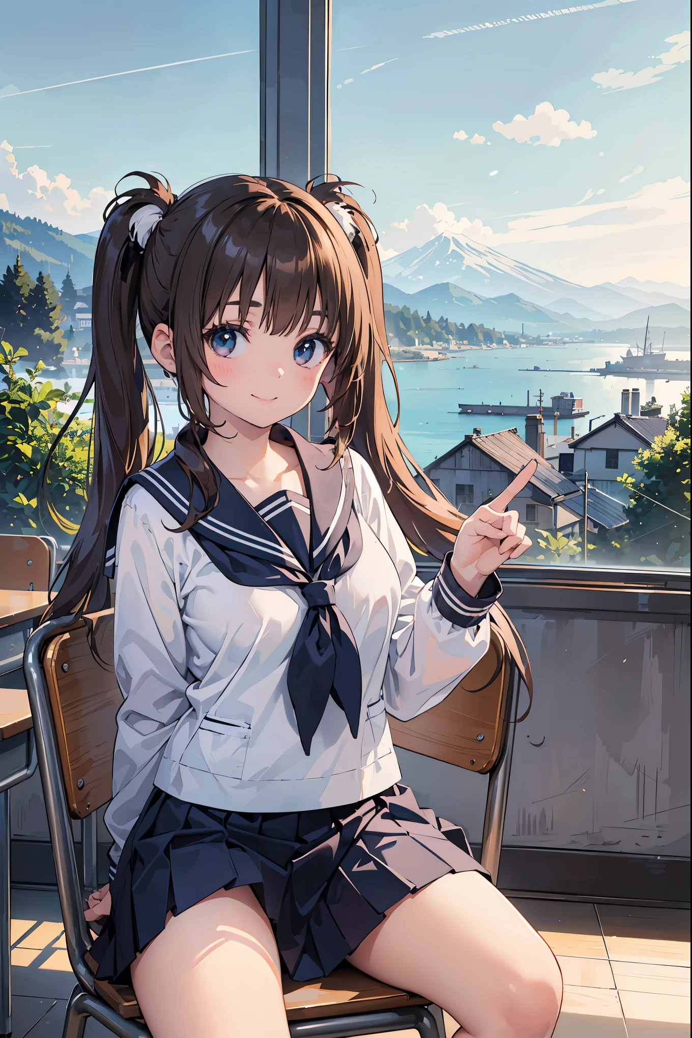 (masterpiece:1.2, top-quality), (realistic, photorealistic:1.4), beautiful illustration,
looking at viewer, cowboy shot, front view:0.8,
1 girl, japanese, high school girl, (long hair:1.4), light brown hair, (twin tail:1.7), large breasts:0.8, white skin
beautiful hair, beautiful face, beautiful detailed eyes, beautiful clavicle, beautiful body, beautiful chest, beautiful thigh, beautiful legs, beautiful detailed fingers,
(beautiful scenery), , classroom, desks, chairs,
((cute school uniform, long sleeves, pleated skirt, sailor collar, scarf)), white panties, shoes,
sitting, sit in a chair,
smile, peace sign,