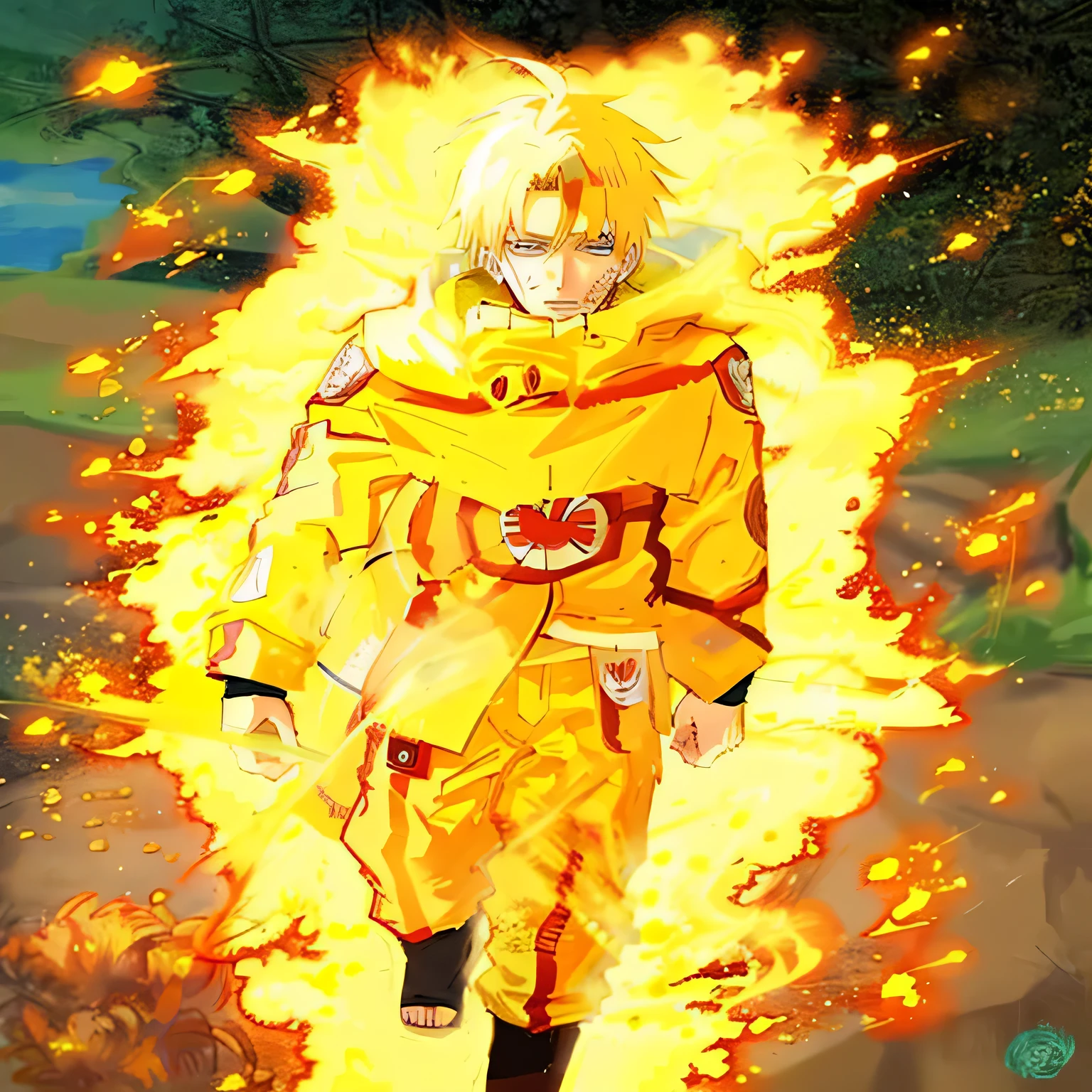 a painting of a man in a yellow outfit walking through a fogo, Naruto Uzumaki, Coringa como Naruto, fogo!! corpo todo, Tocha humana, uzumaki, Naruto, aura amarela, inferior em chamas, pain de naruto, super saiyajin, Um anime épico de um homem de energia, Coringa parece Naruto, de naruto, nove caldas, Naruto artstyle misture ele com a imagem 2