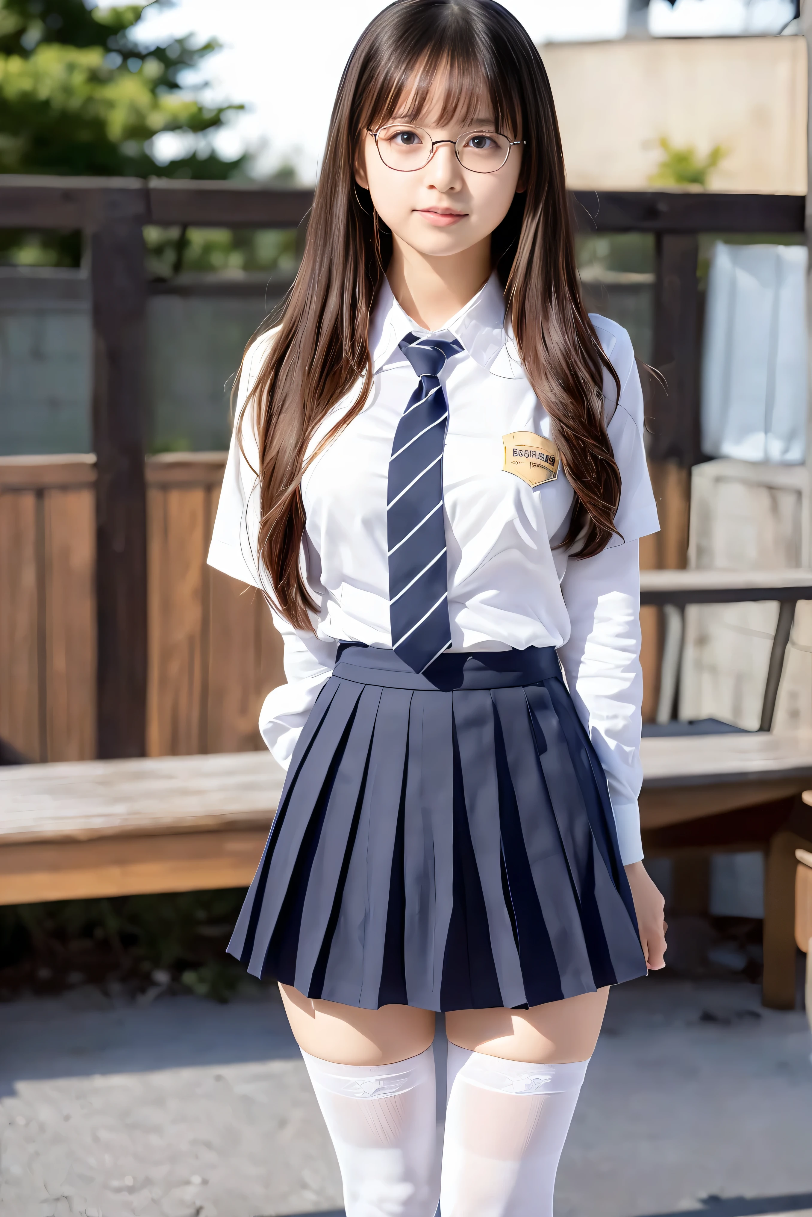 (Best Quality,4K,High resolution:1.2), Ultra-detailed, Realistic portrait, Best Quality, (outside japanese high school), (passionate scene),one very young looking high school girl, (intense emotion), (innocent look, school uniform, large round black rimmed glasses), ((stockings, cute face, standing, full body)), (perfect long legs, high waist mini pleated skirt, tight shirt)