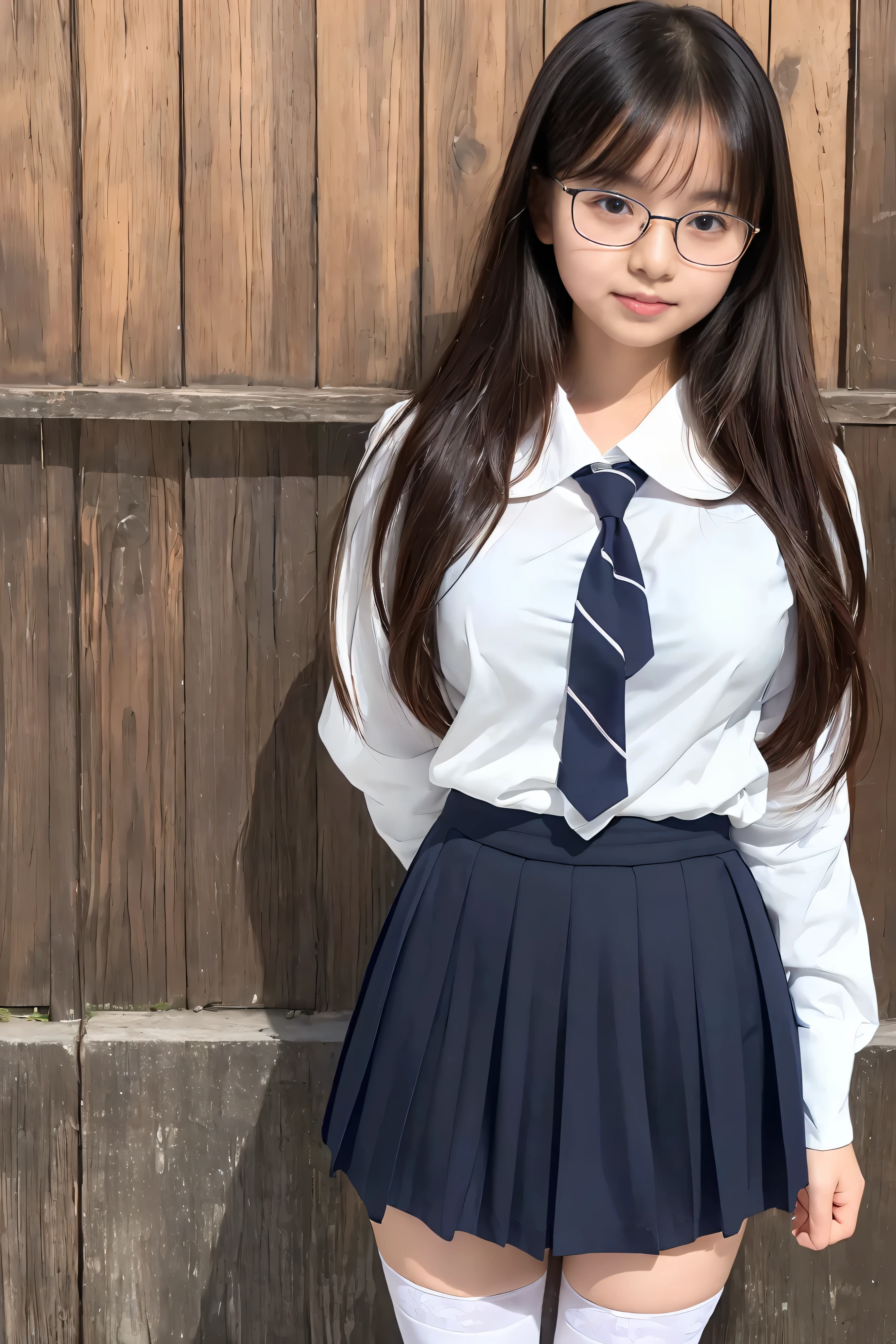 (Best Quality,4K,High resolution:1.2), Ultra-detailed, Realistic portrait, Best Quality, (outside japanese high school), (passionate scene),one very young looking high school girl, (intense emotion), (innocent look, school uniform, large round black rimmed glasses), ((stockings, cute face, standing, full body)), (perfect long legs, high waist mini pleated skirt, tight shirt)