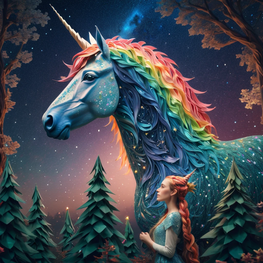 stunning "(elf:1.1),( woman:1.1)" and her "ponytailed (unicorn:1.2)", elf hears, zentangle sky, origami forest, starry sky, sparkles in the sky, speed up, raimbow, fantasy, 3d crunch, cinematic, in the forest,