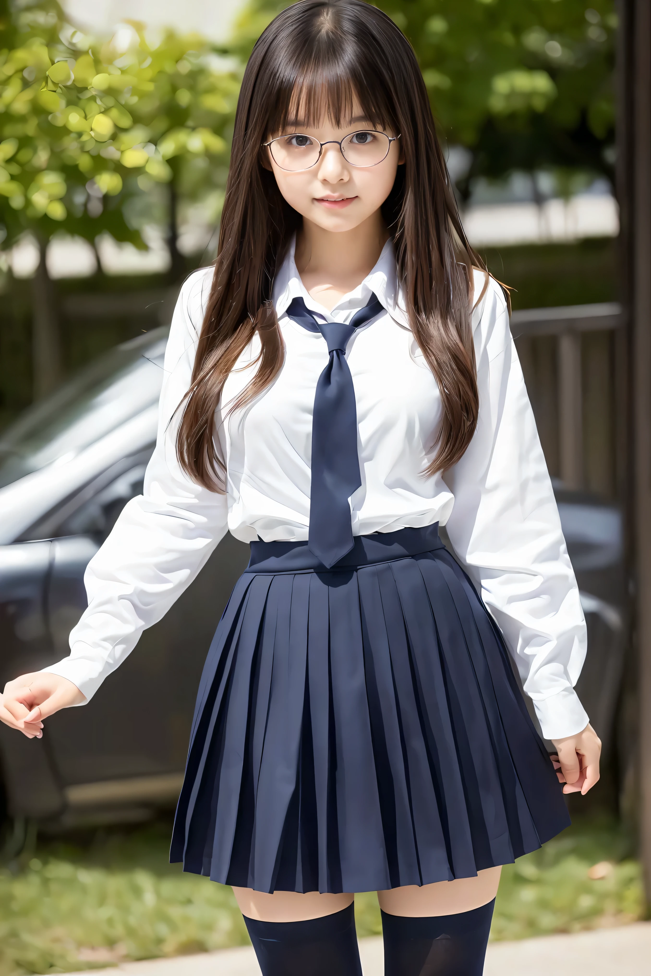 (Best Quality,4K,High resolution:1.2), Ultra-detailed, Realistic portrait, Best Quality, (outside japanese high school), (passionate scene),one very young looking high school girl, (intense emotion), (innocent look, school uniform, large round black rimmed glasses), ((stockings, cute face, standing, full body)), (perfect long legs, high waist mini pleated skirt, tight shirt)