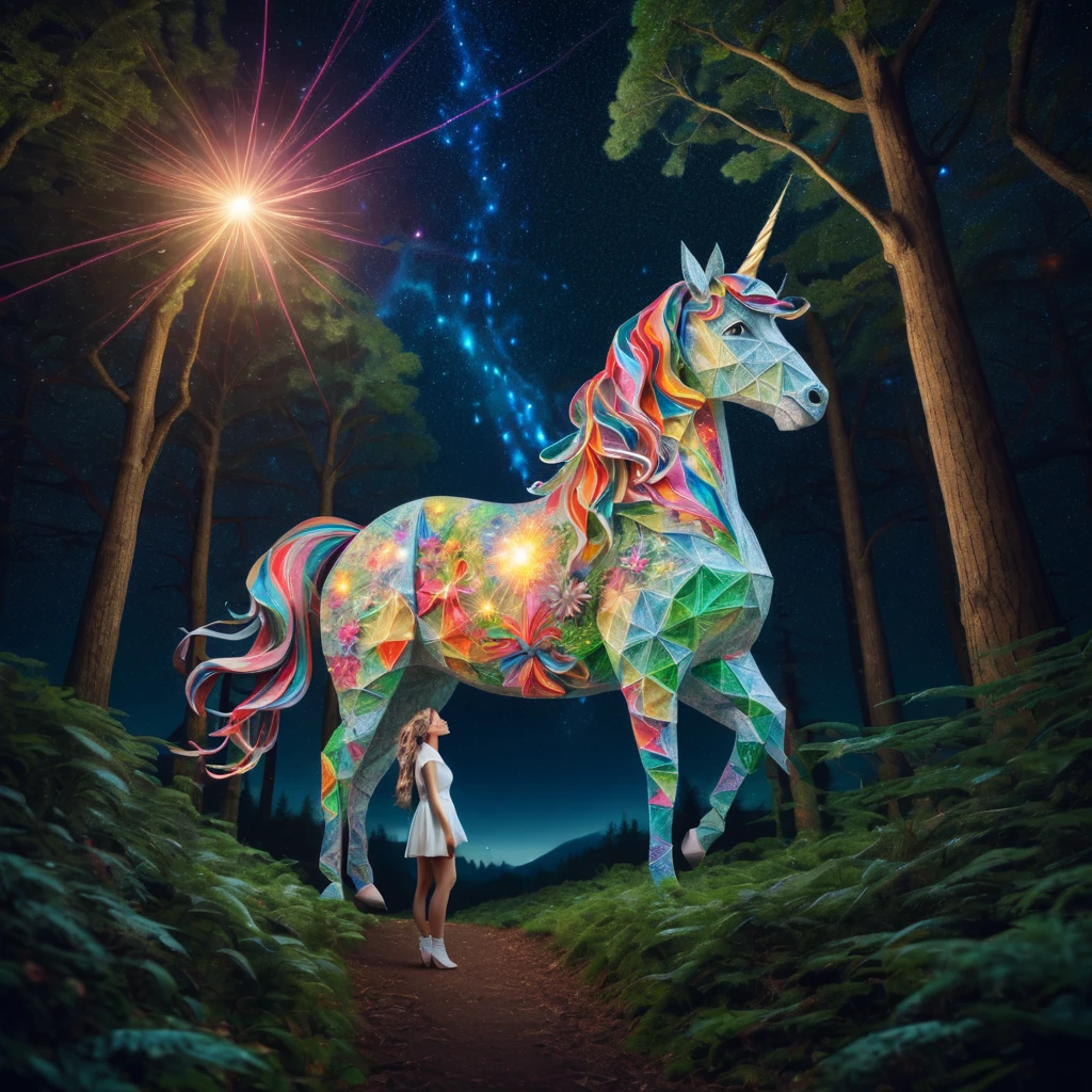 stunning "(elf:1.1),( woman:1.1)" and her "ponytailed (iluminated unicorn:1.2)", elf hears, zentangle sky, origami forest, starry sky, sparkles in the sky, speed up, raimbow, fantasy, 3d crunch, cinematic, in the forest,